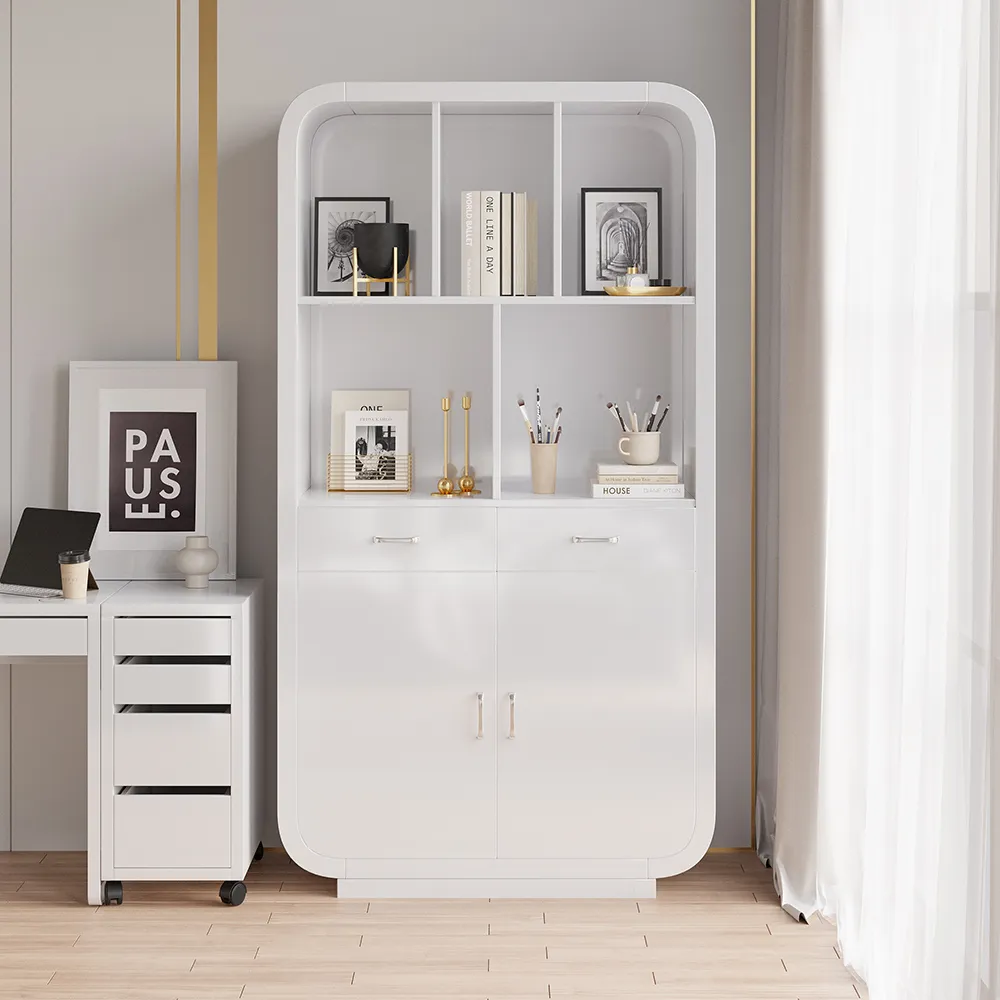Tall Bookcase with Doors and Drawers - White image