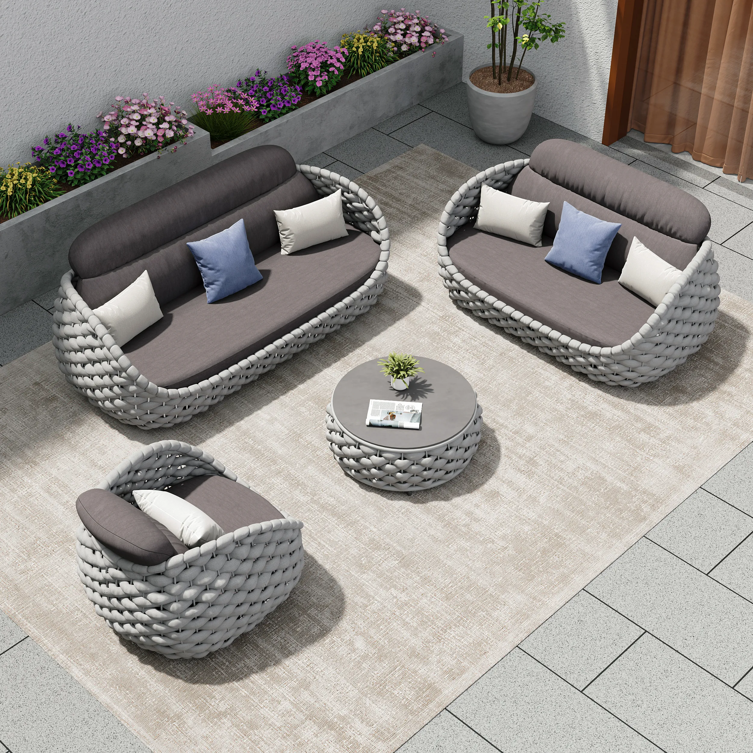 Tatta 6-Piece Woven Rope Outdoor Sectional Sofa Set - Grey