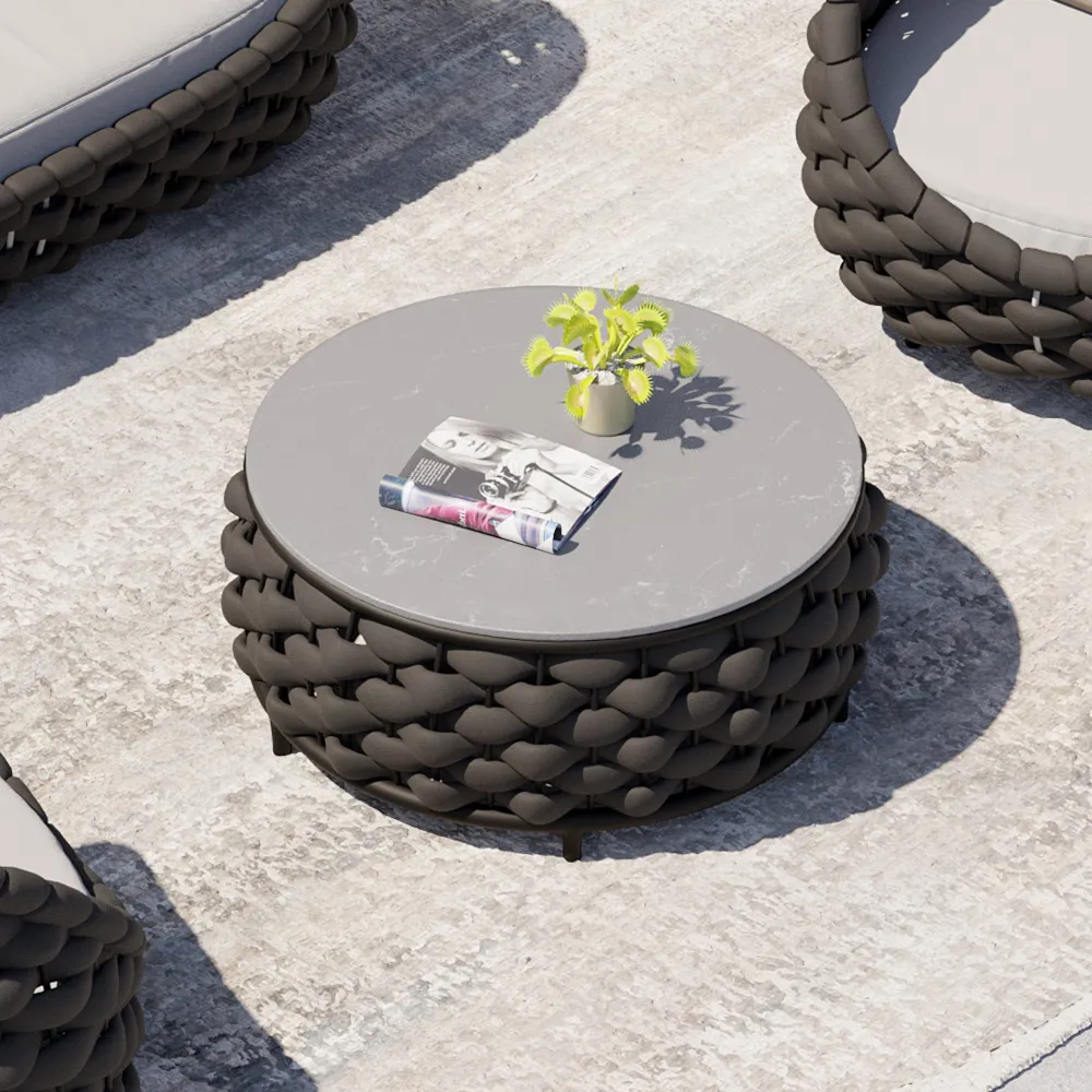 Tatta Round Outdoor Coffee Table - Black, Faux Marble