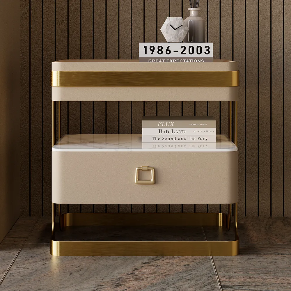 Tempered Glass Nightstand with Drawer - Gold, Stone image