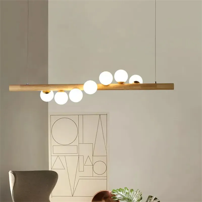 Tram 7-Light Linear Kitchen Island Pendant - Natural Wood, White Glass image