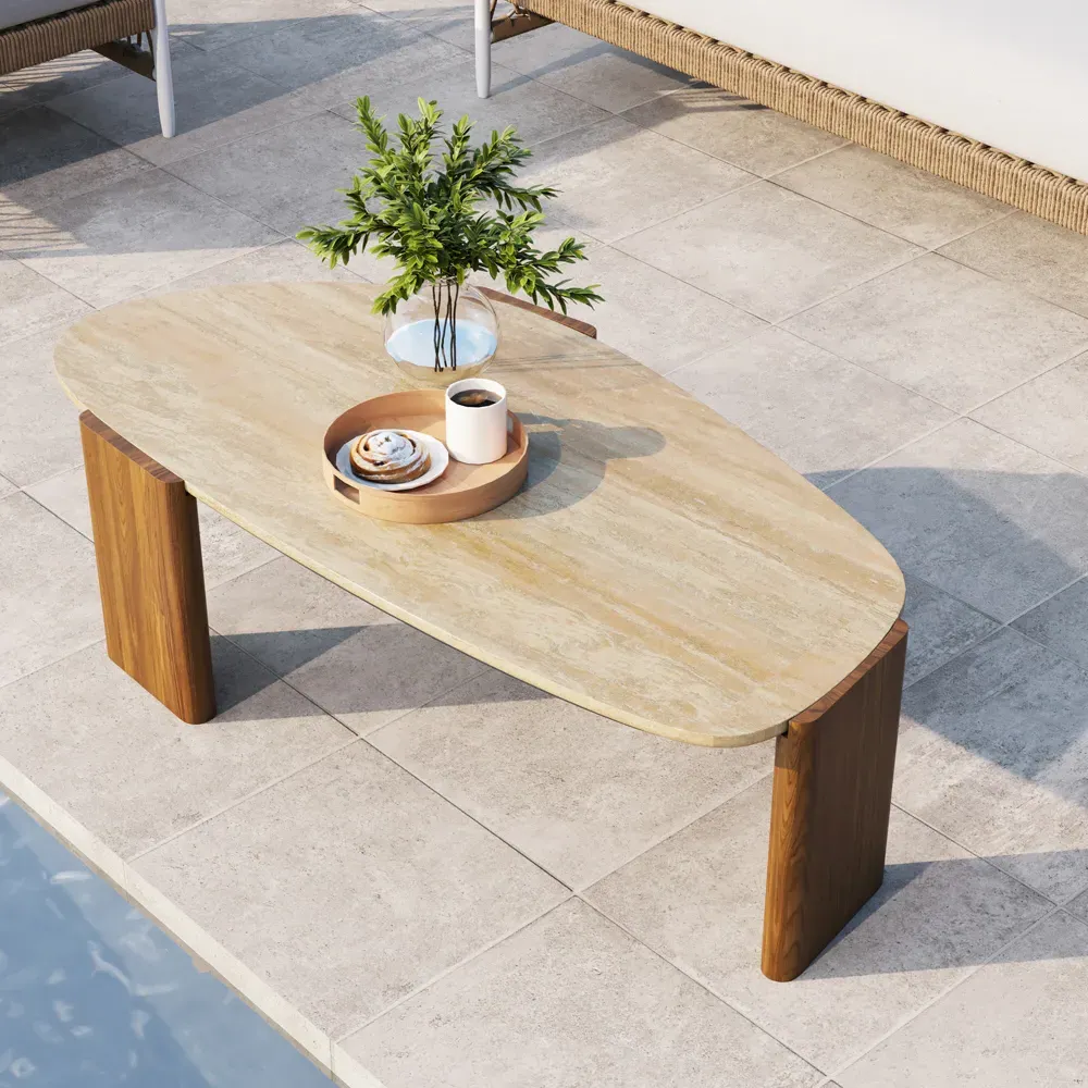 Travertine Coffee Table with Wood Stand - Beige, Walnut image
