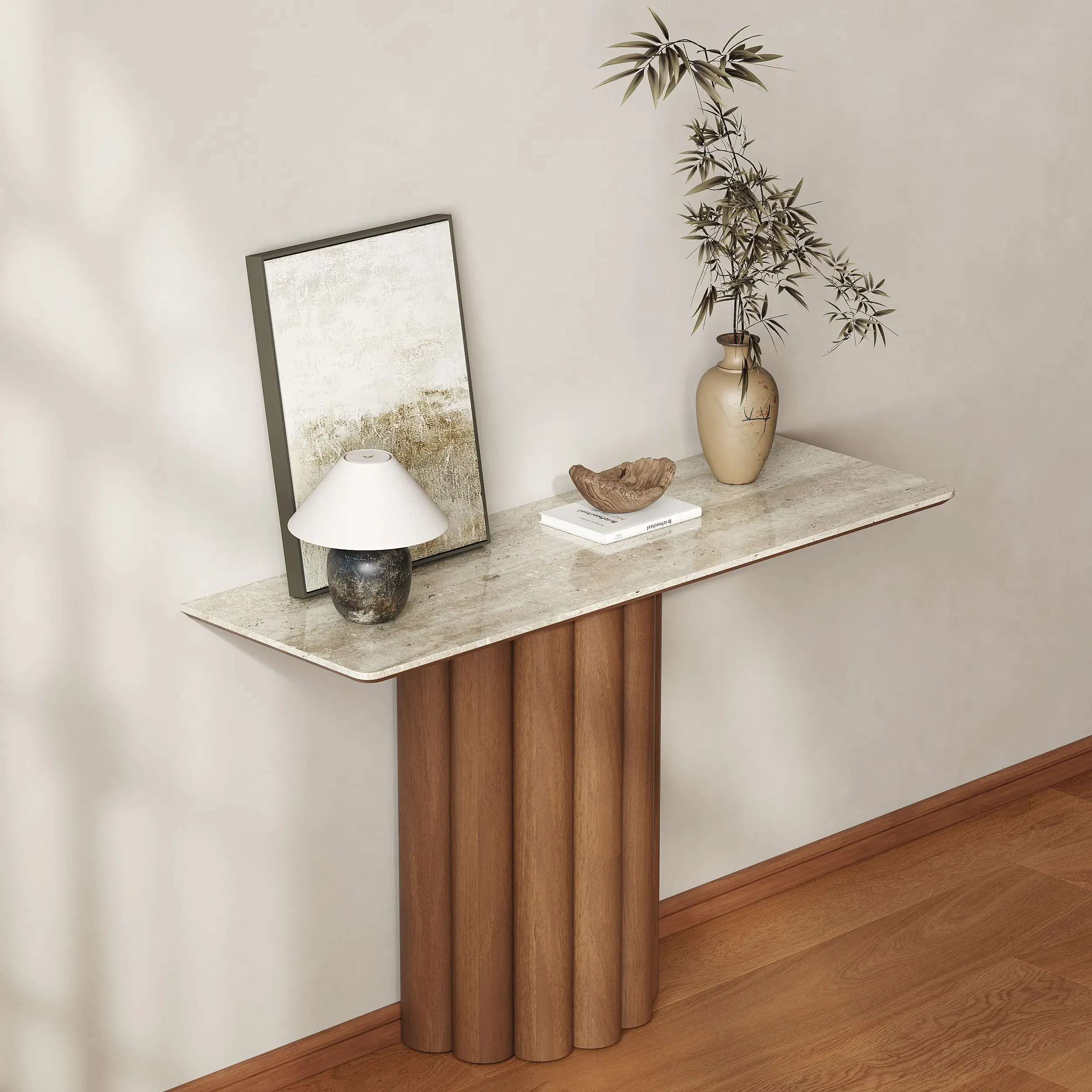 Travertine Top Console Table with Storage - Walnut, Beige