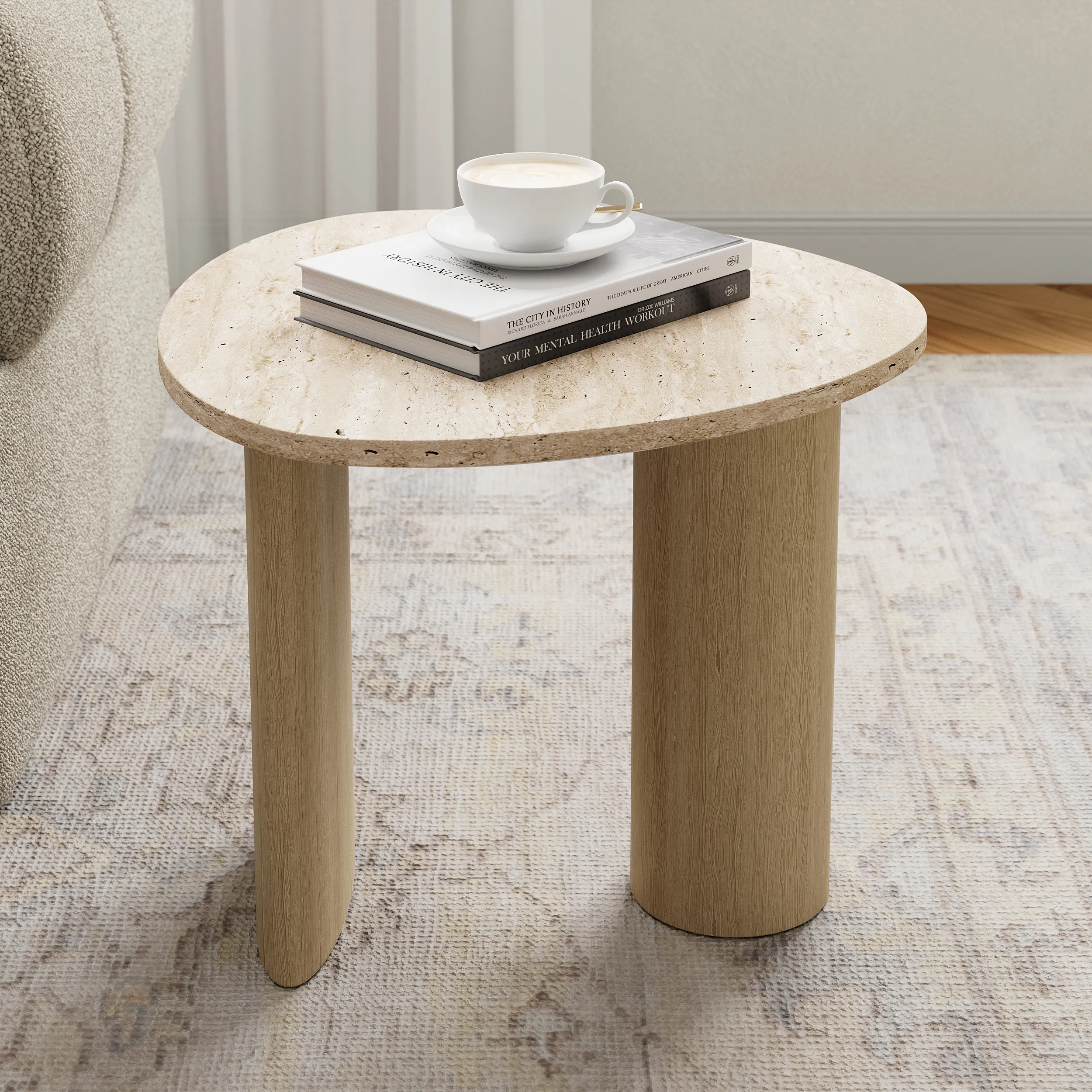 Travertine Top Side Table with Asymmetrical Design - Beige