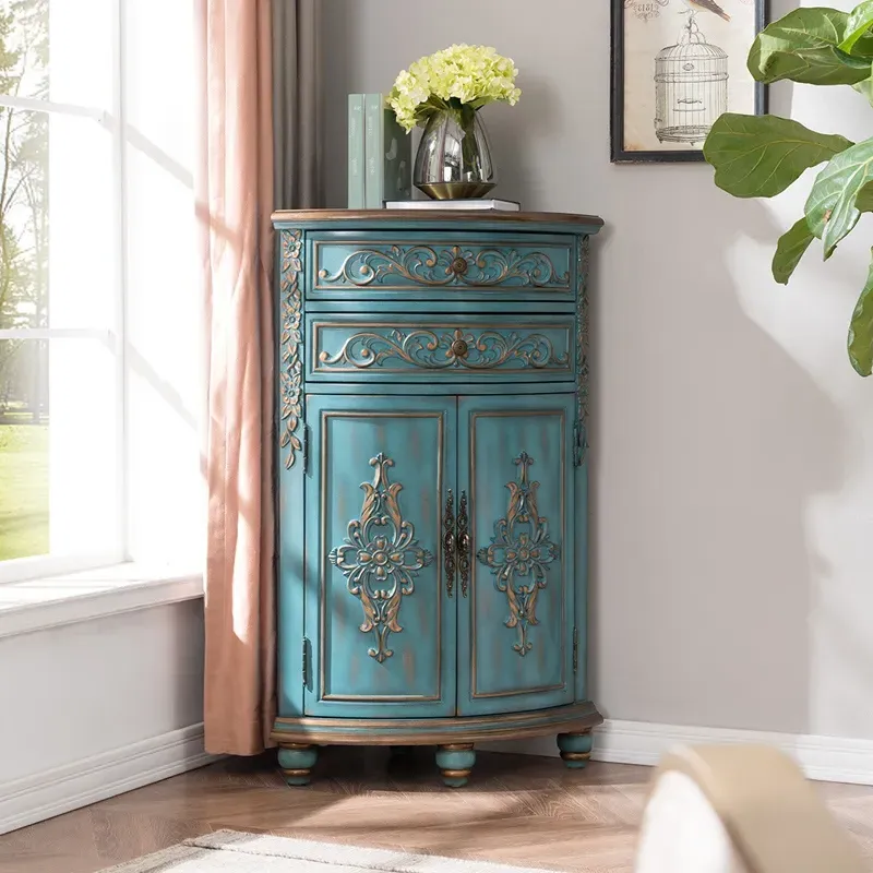 Triangle Corner Cabinet with 2 Doors & 2 Drawers - Blue