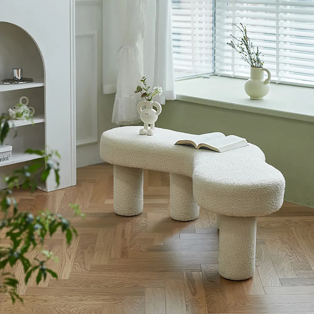 Tufted Long Bench - White, Boucle