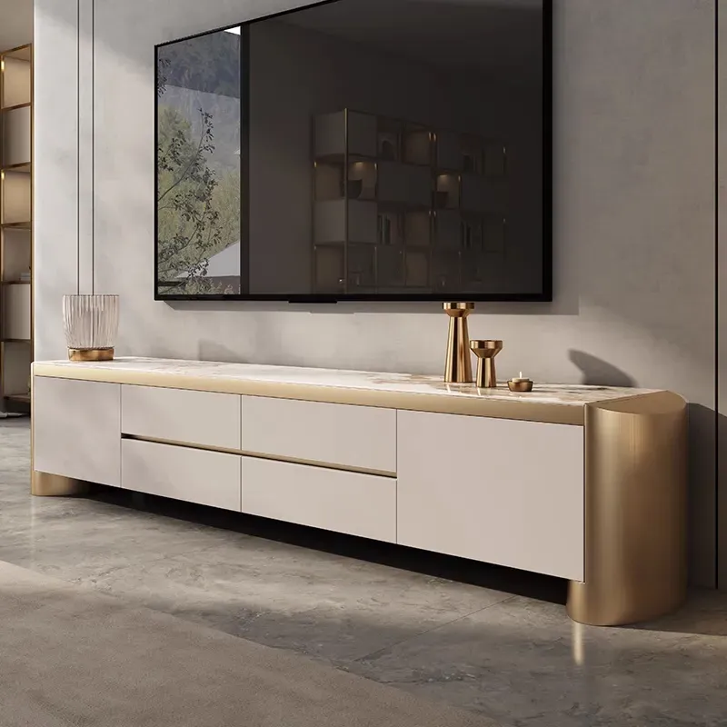 TV Stand with Storage - Off White & Gold, Sintered Stone image