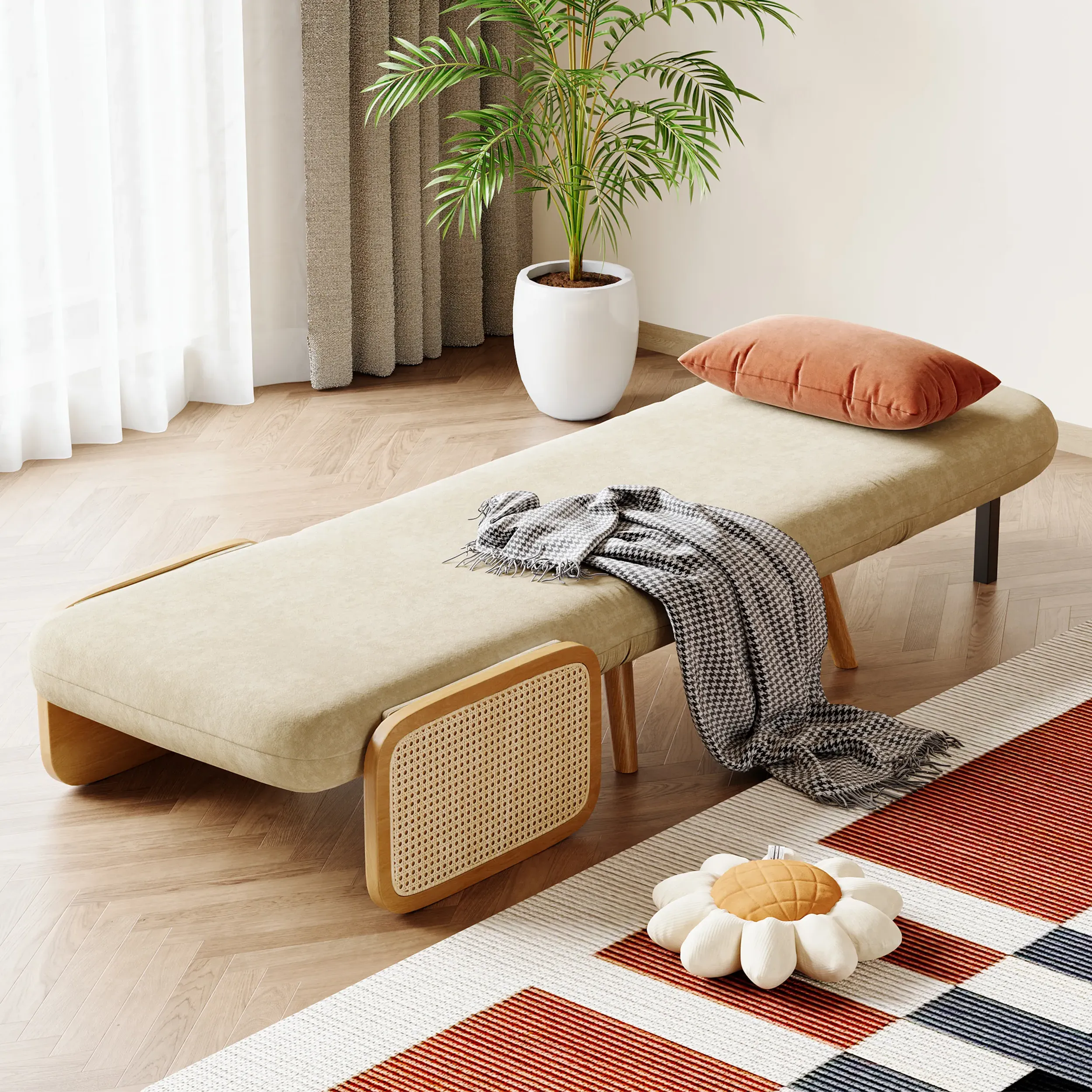 Twin Convertible Sofa Bed with Rattan Armrest - Beige image