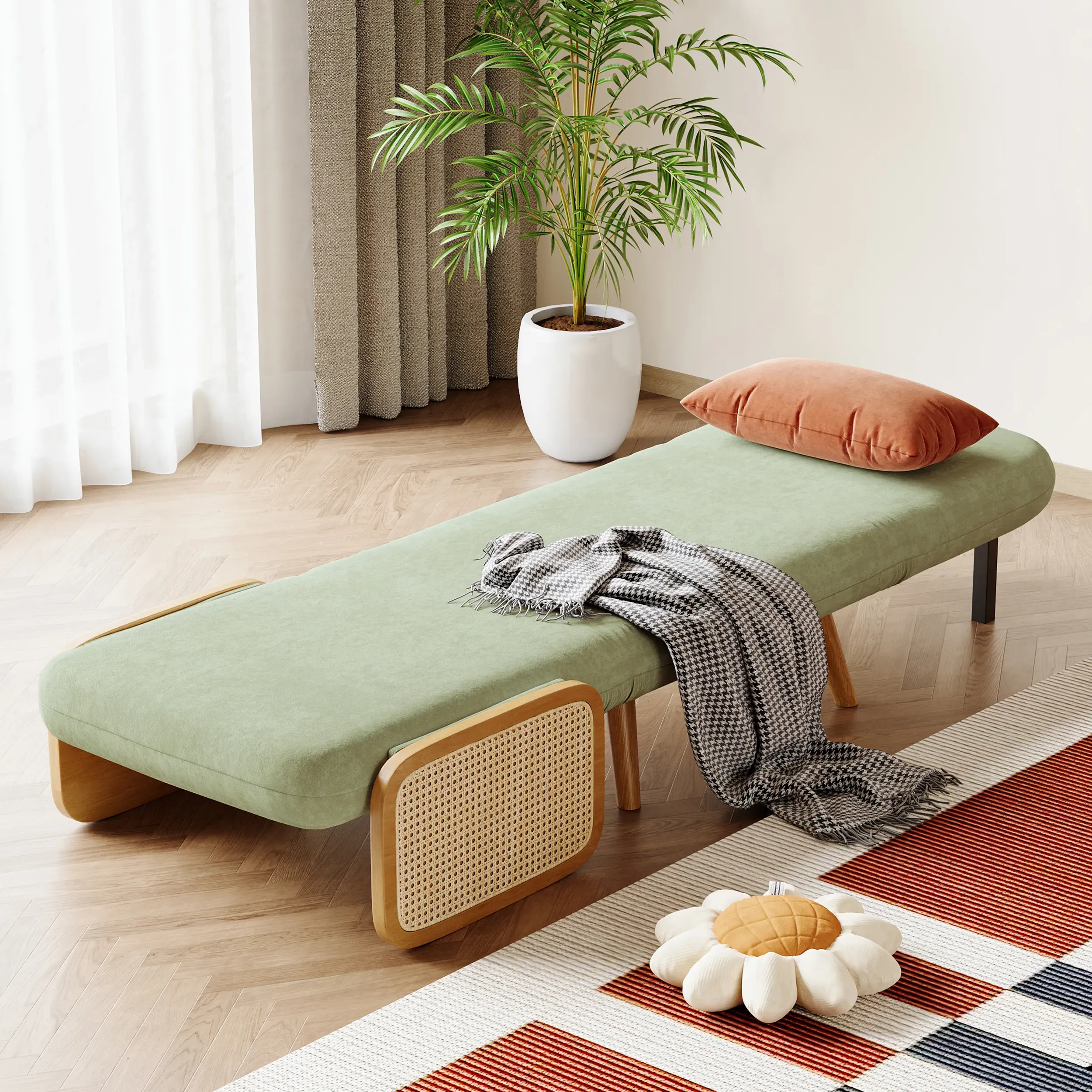 Twin Convertible Sofa Bed with Rattan Armrest - Green