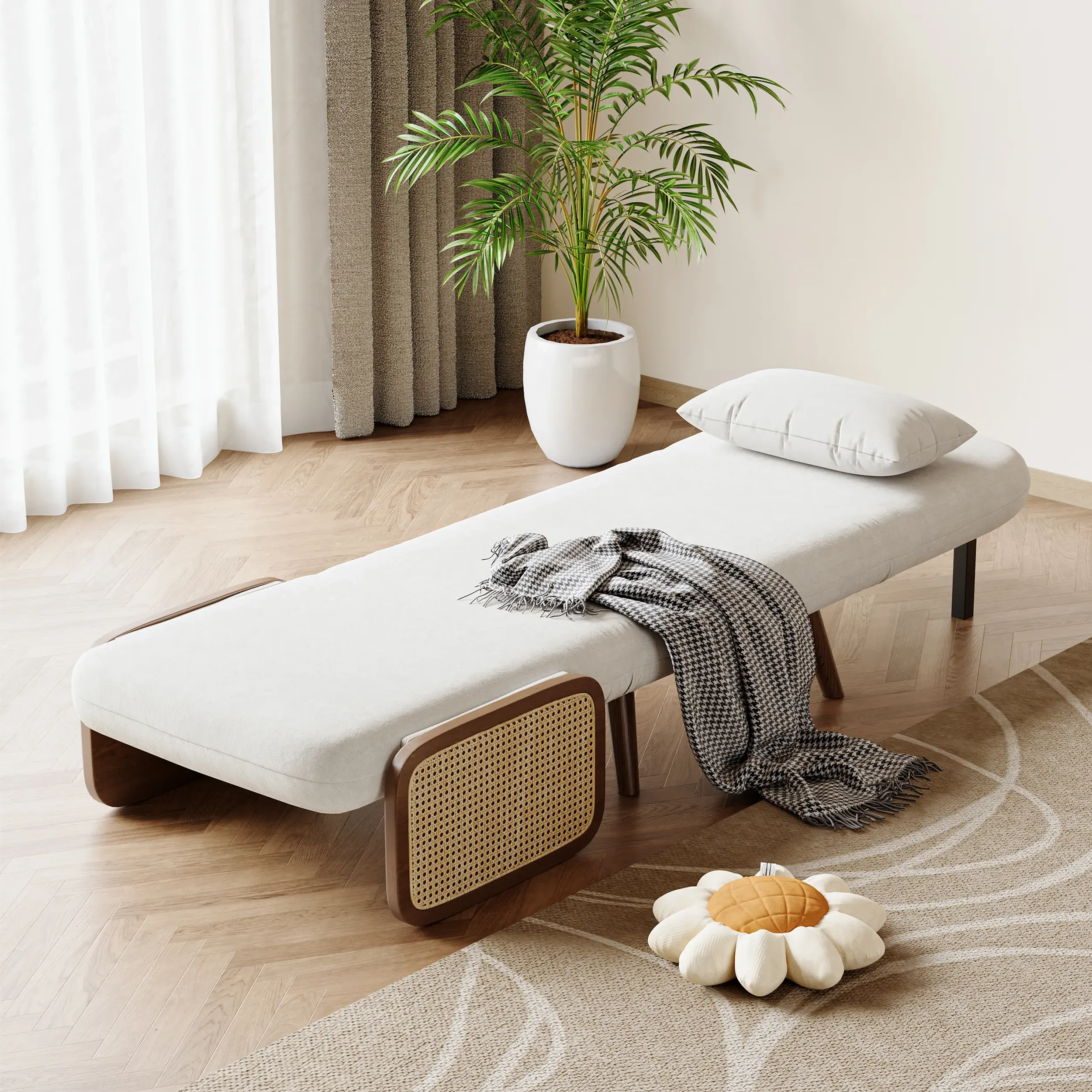 Twin Convertible Sofa Bed with Rattan Armrest - White