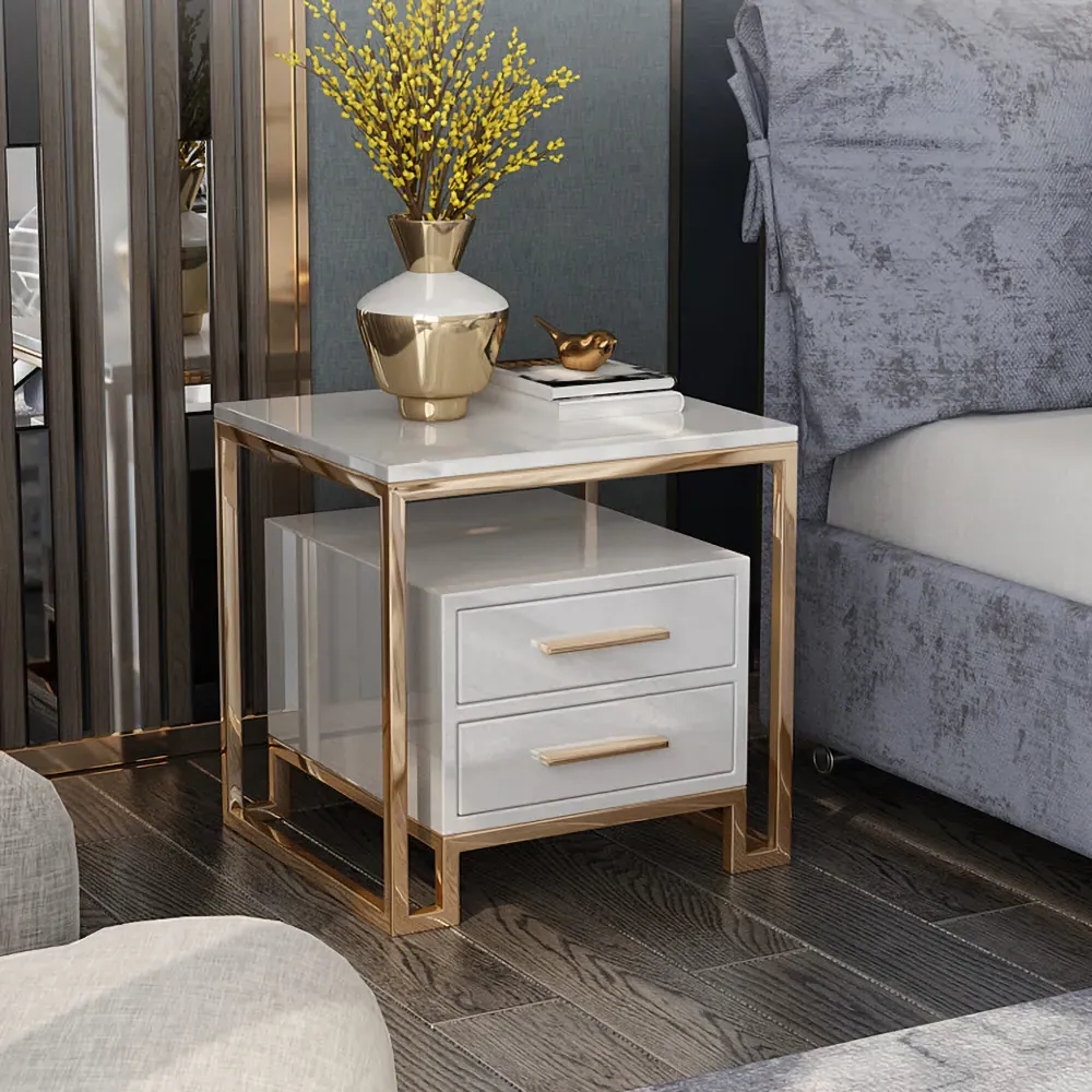 Two-Drawer Side Table - White, Stainless Steel