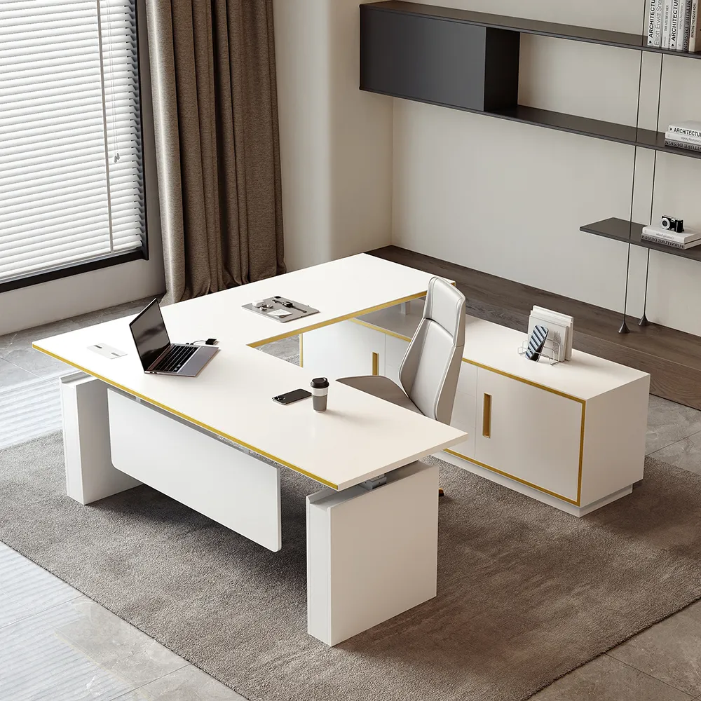 U-Shaped Electric Standing Desk with Storage - White, Gold image