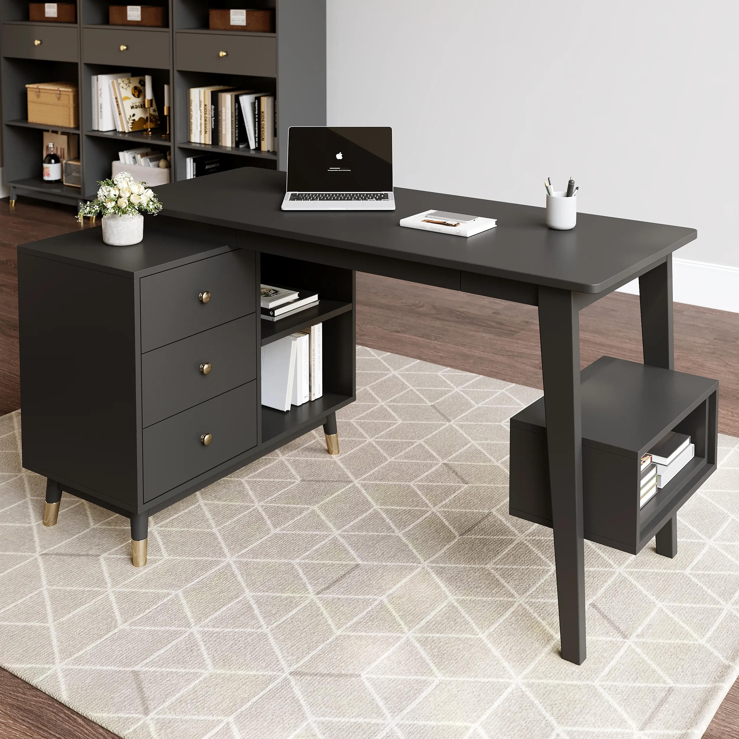 Ultic L-Shaped Computer Desk with Storage - Black