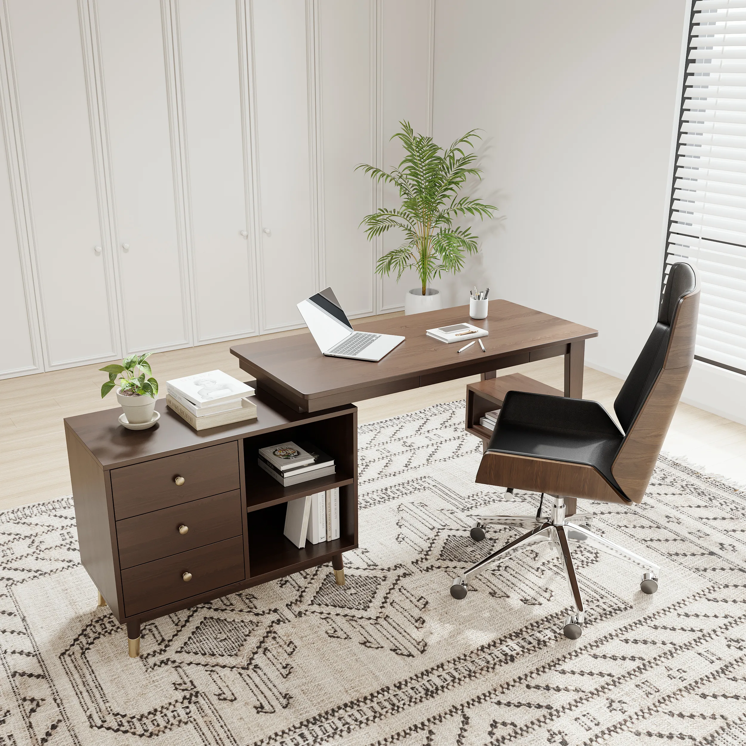 Ultic L-Shaped Desk & Office Chair Set - Walnut