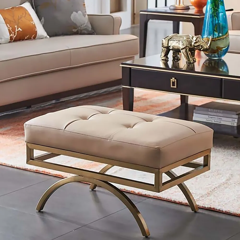 Upholstered Ottoman Stool with Gold Legs - Beige, Leather image