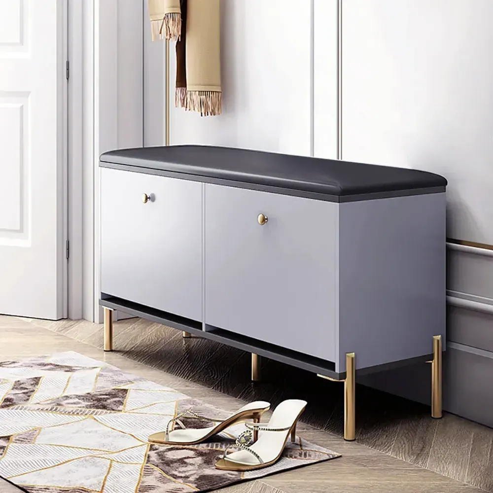 Upholstered Shoe Rack Bench with Storage - Grey, PU Leather