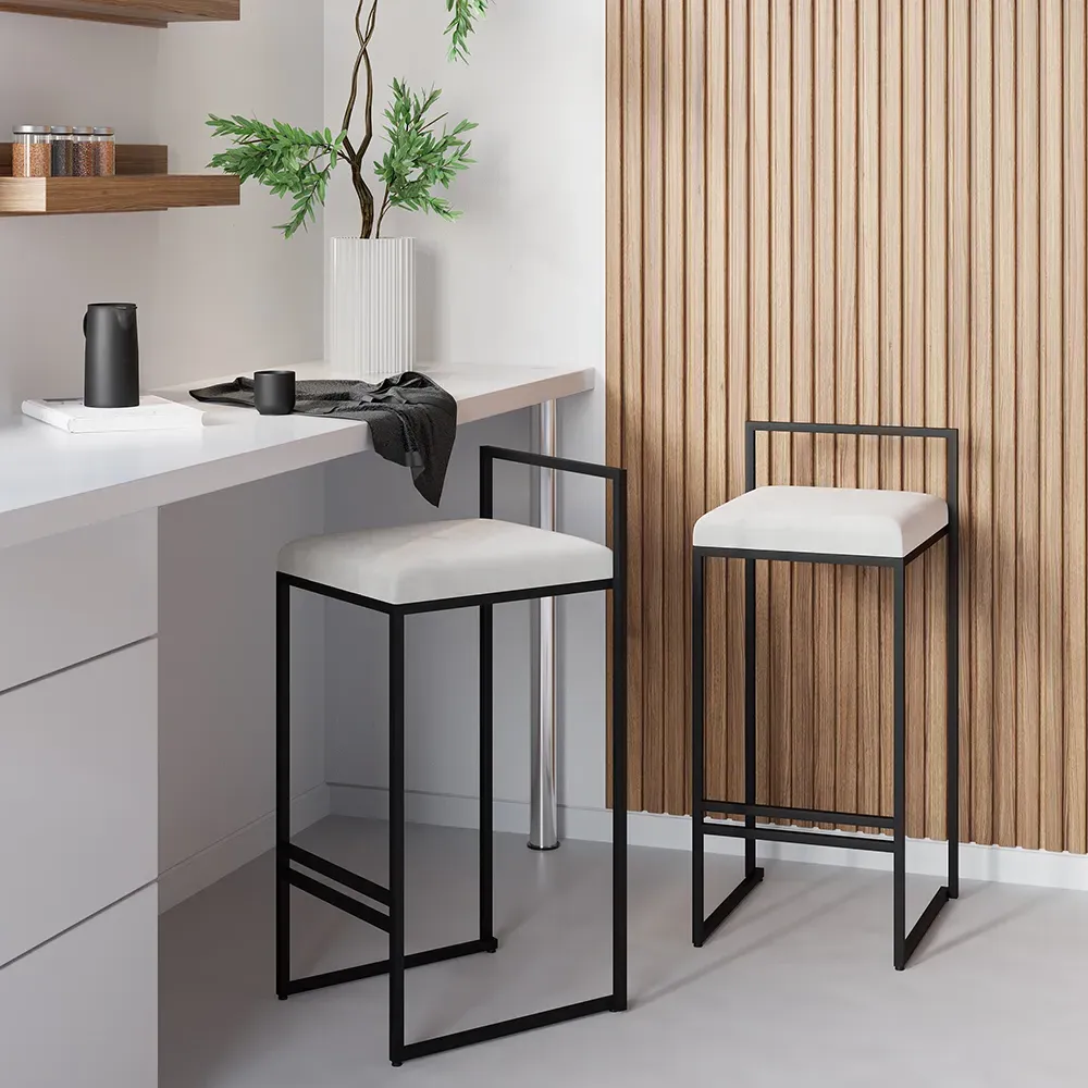 Velvet Counter Stool Set of 2 with Back & Footrest - White image