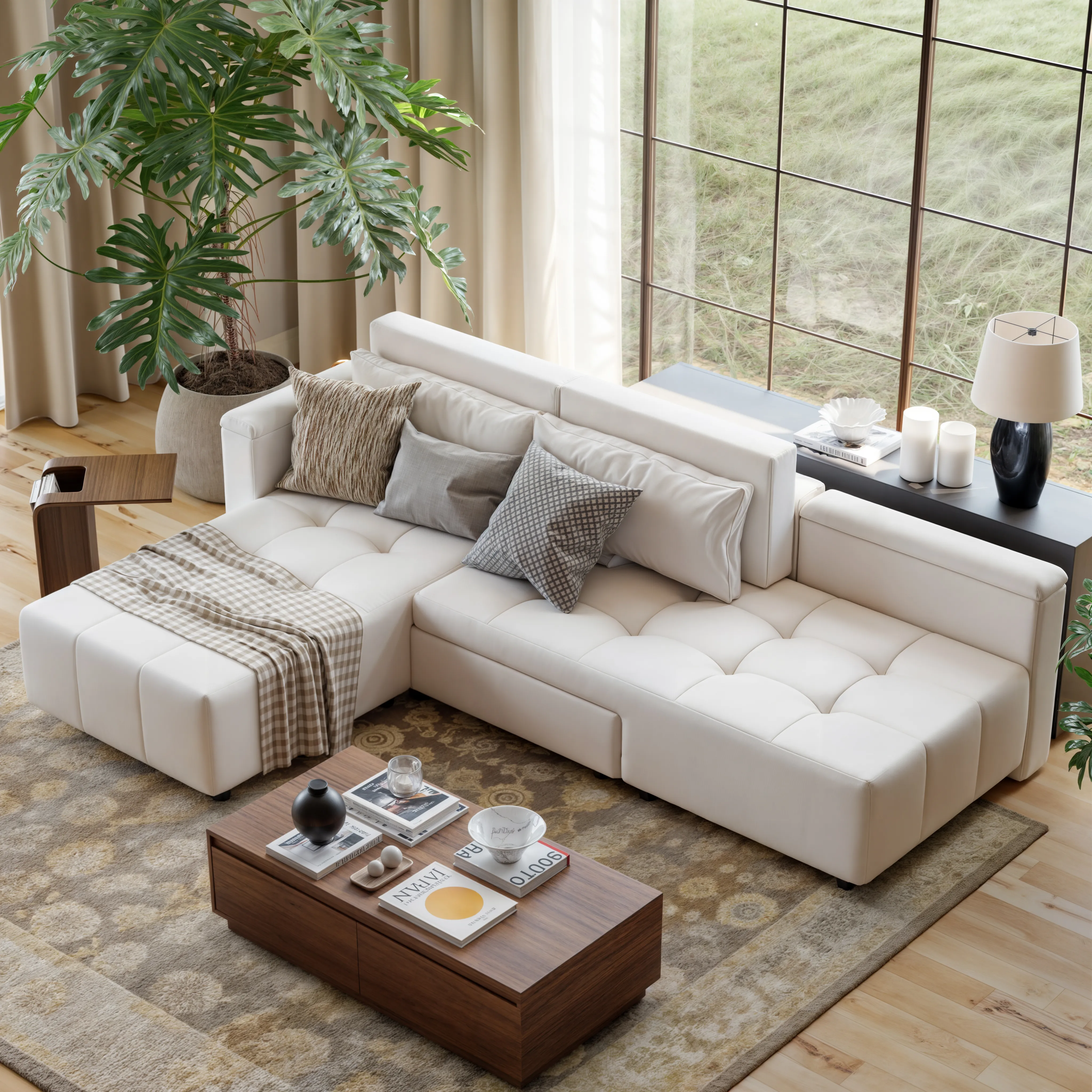 Velvet Tufted 4-Seater L-Shaped Sofa Bed with Storage image