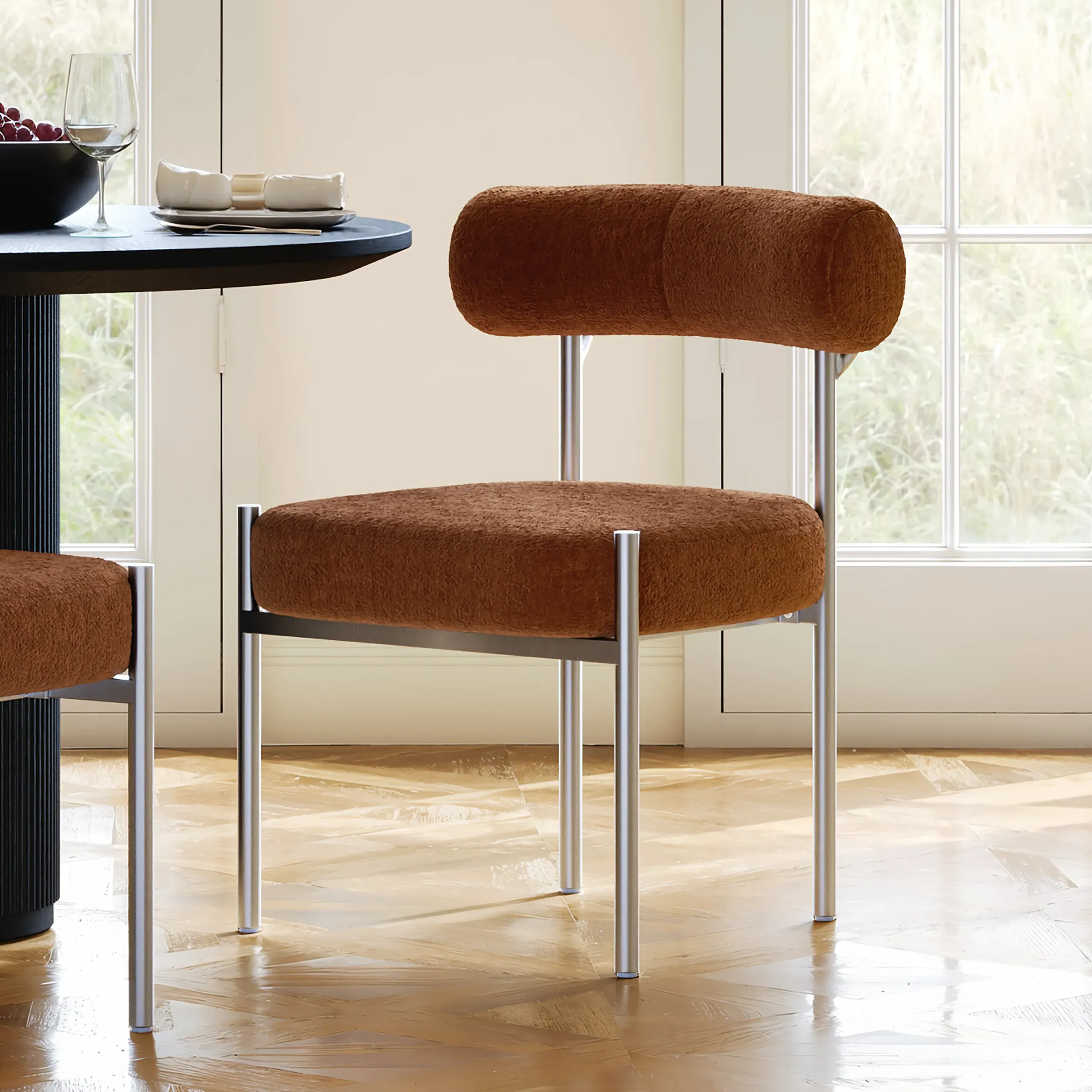 Velvet Upholstered Dining Chair with Curved Back - Steel image