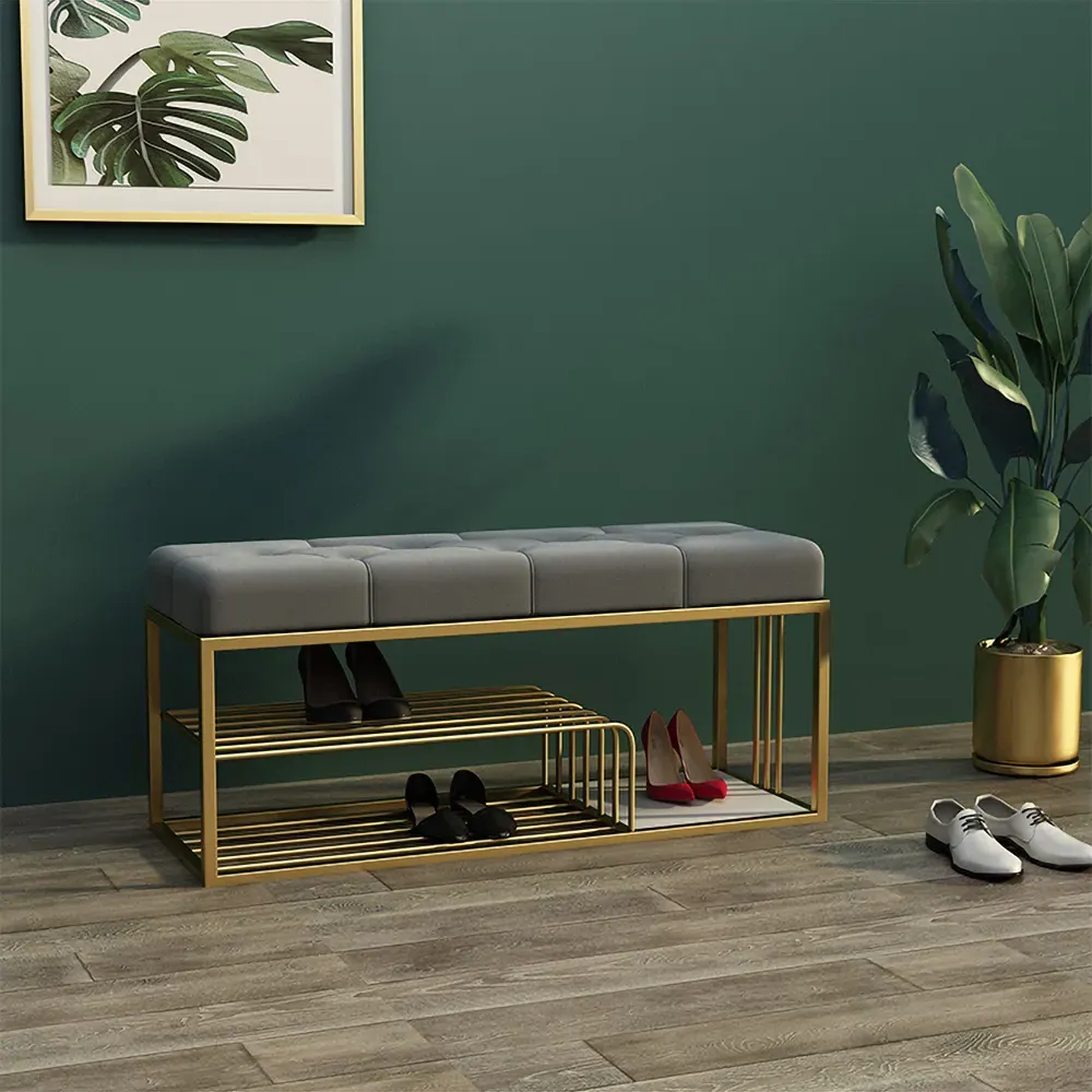 Velvet Upholstered Entryway Bench with Storage - Gray