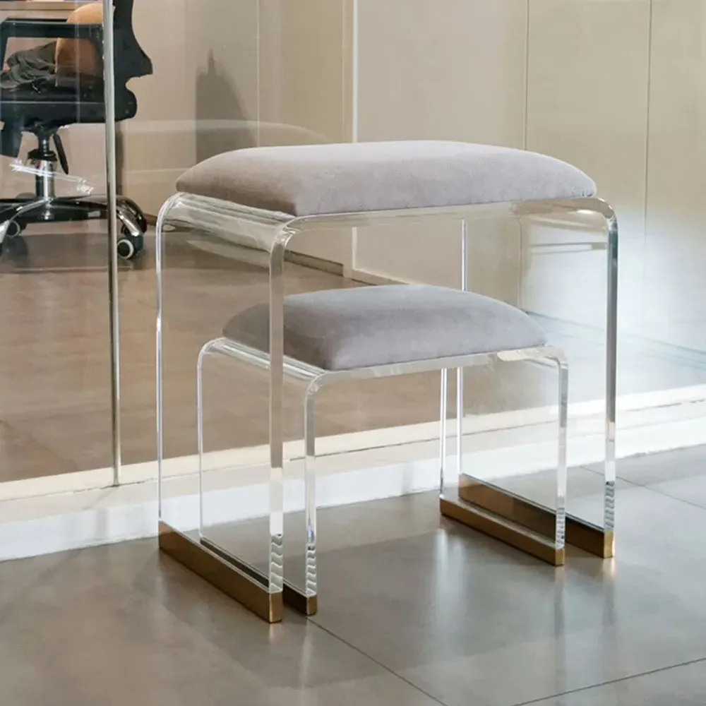 Velvet Upholstered Vanity Stool - Grey, Acrylic image