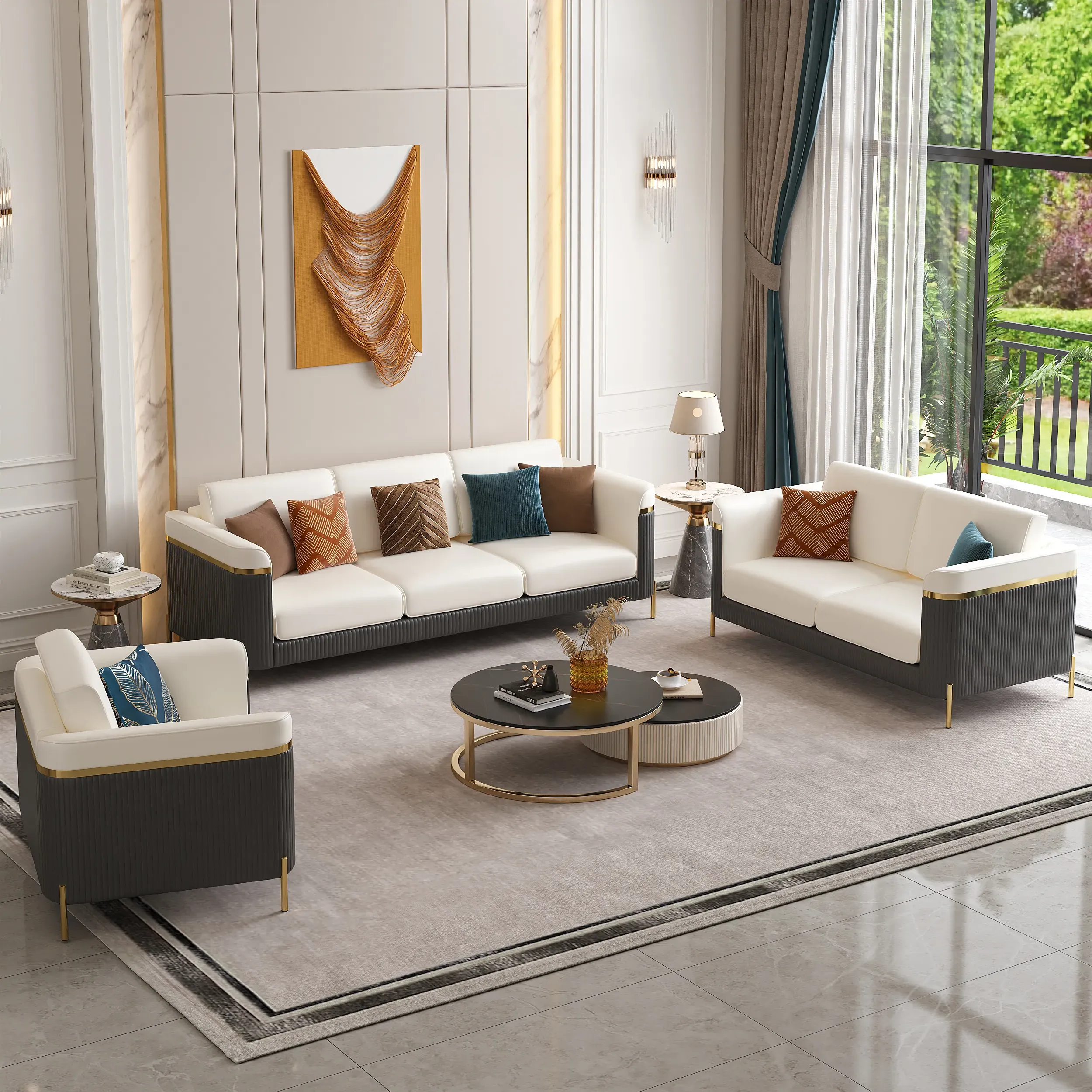 Vertex 3-Piece Sofa Set with Chair - Beige, Faux Leather