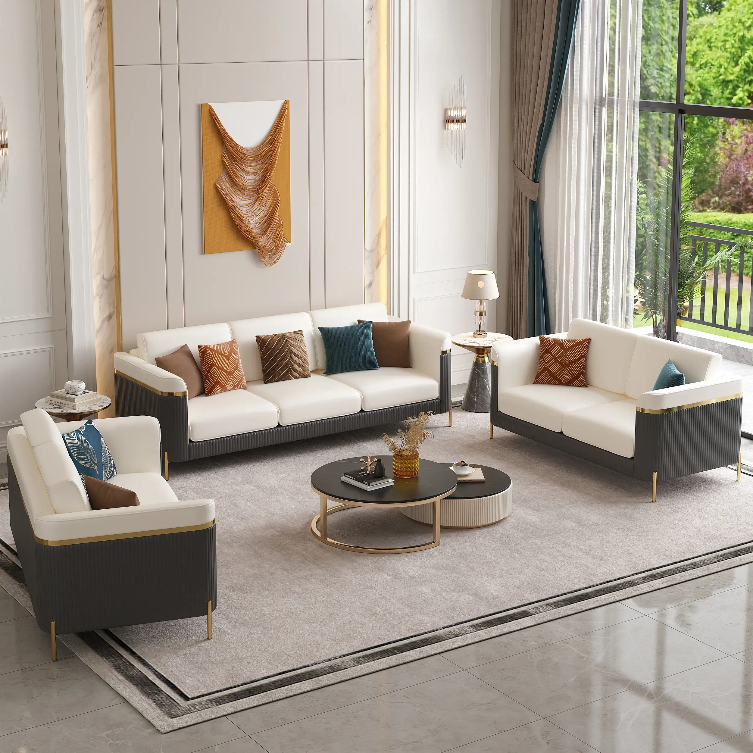 Vertex 5-Piece Sofa Set with Loveseats - Beige, Faux Leather