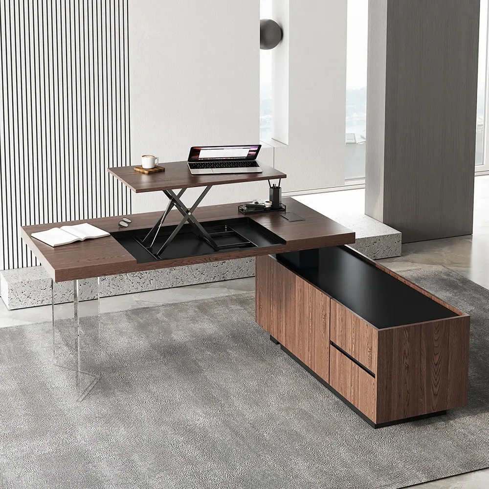 Vertical L-Shaped Executive Desk Height Adjustable - Walnut