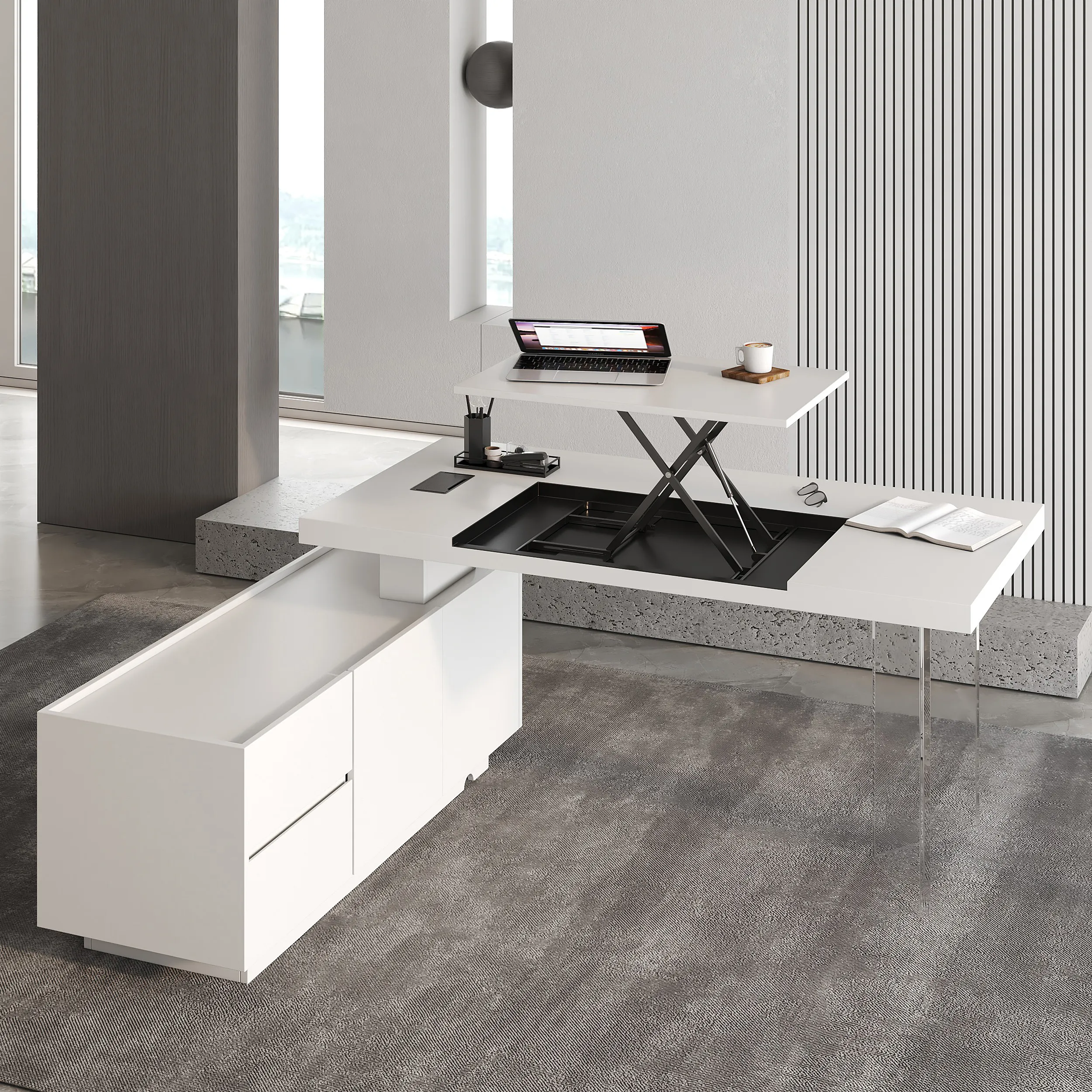 Vertical L-Shaped Executive Desk Height Adjustable - White