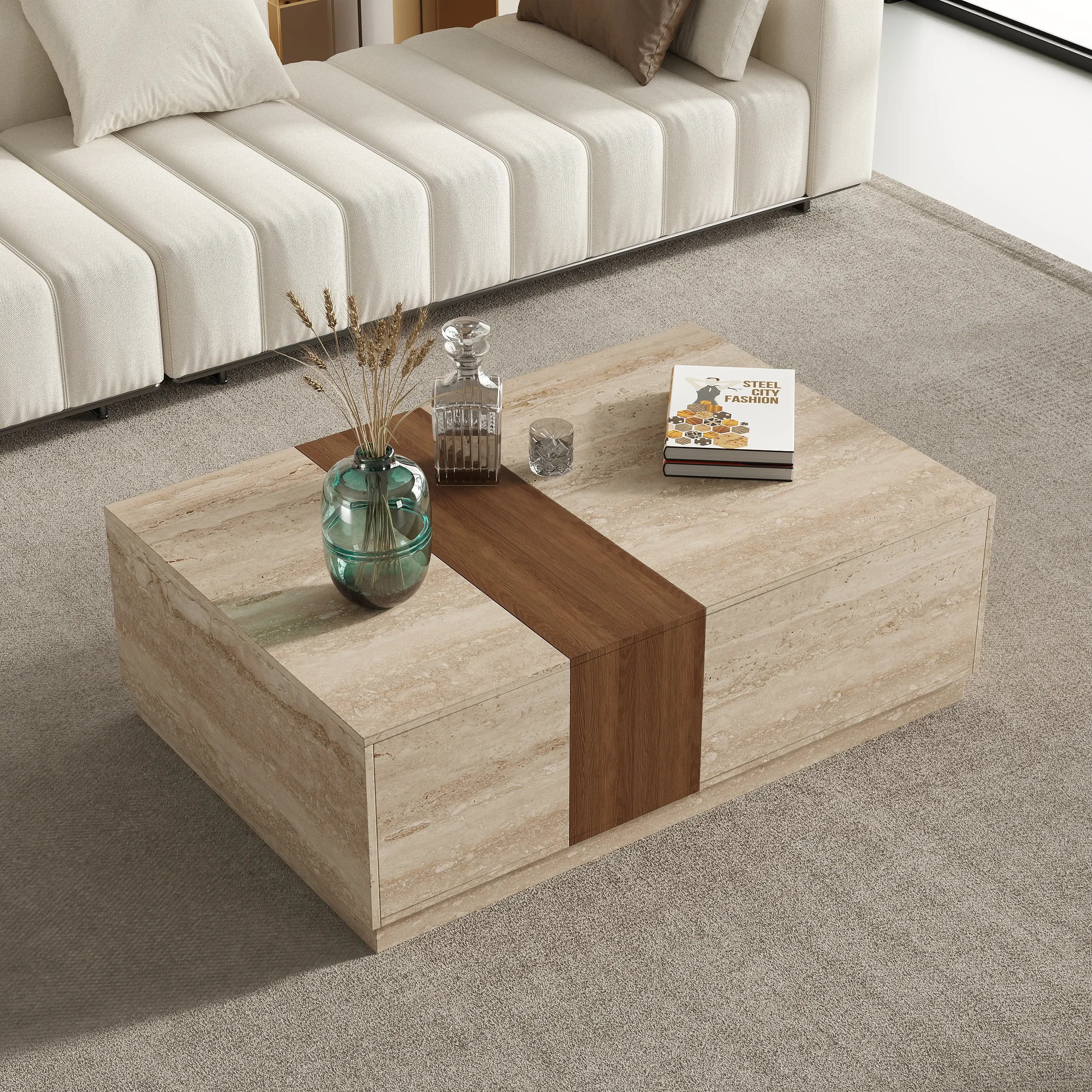 Vewal Wood Block Coffee Table with 2 Drawers - Black, Travertine