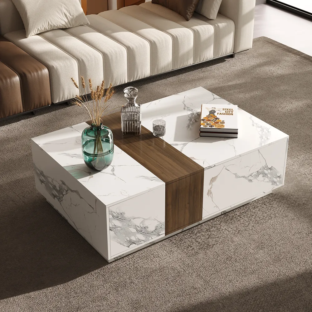 Vewal Wood Block Coffee Table with 2 Drawers - White, Marble image