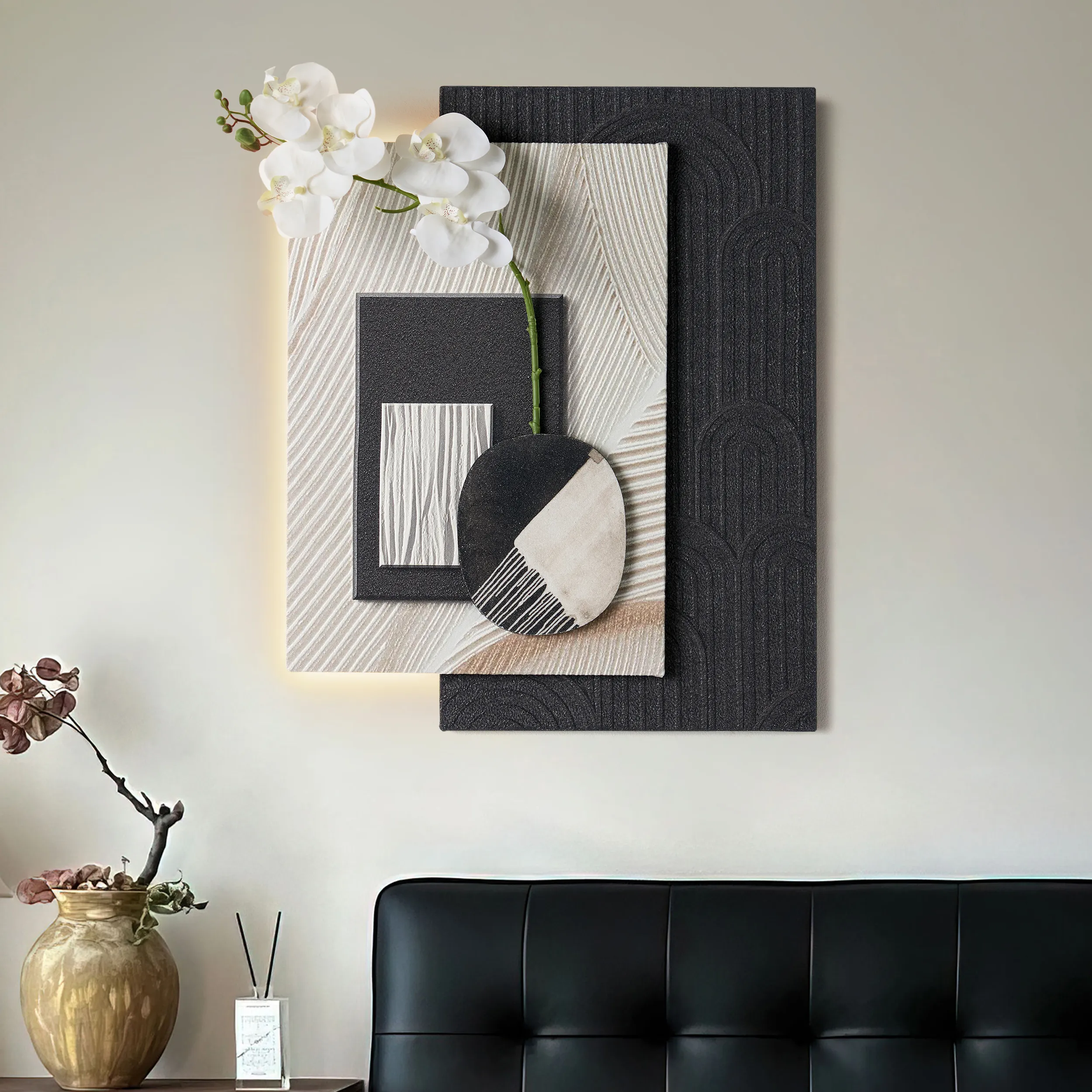 Wall Art with LED Light & Faux Orchid - Black & White image