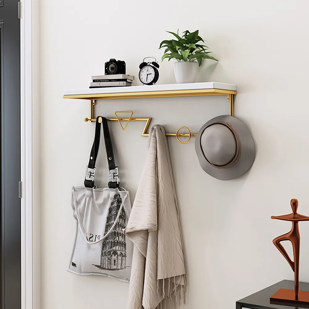 Wall Mounted Coat Rack with Shelving - Gold, Wood image