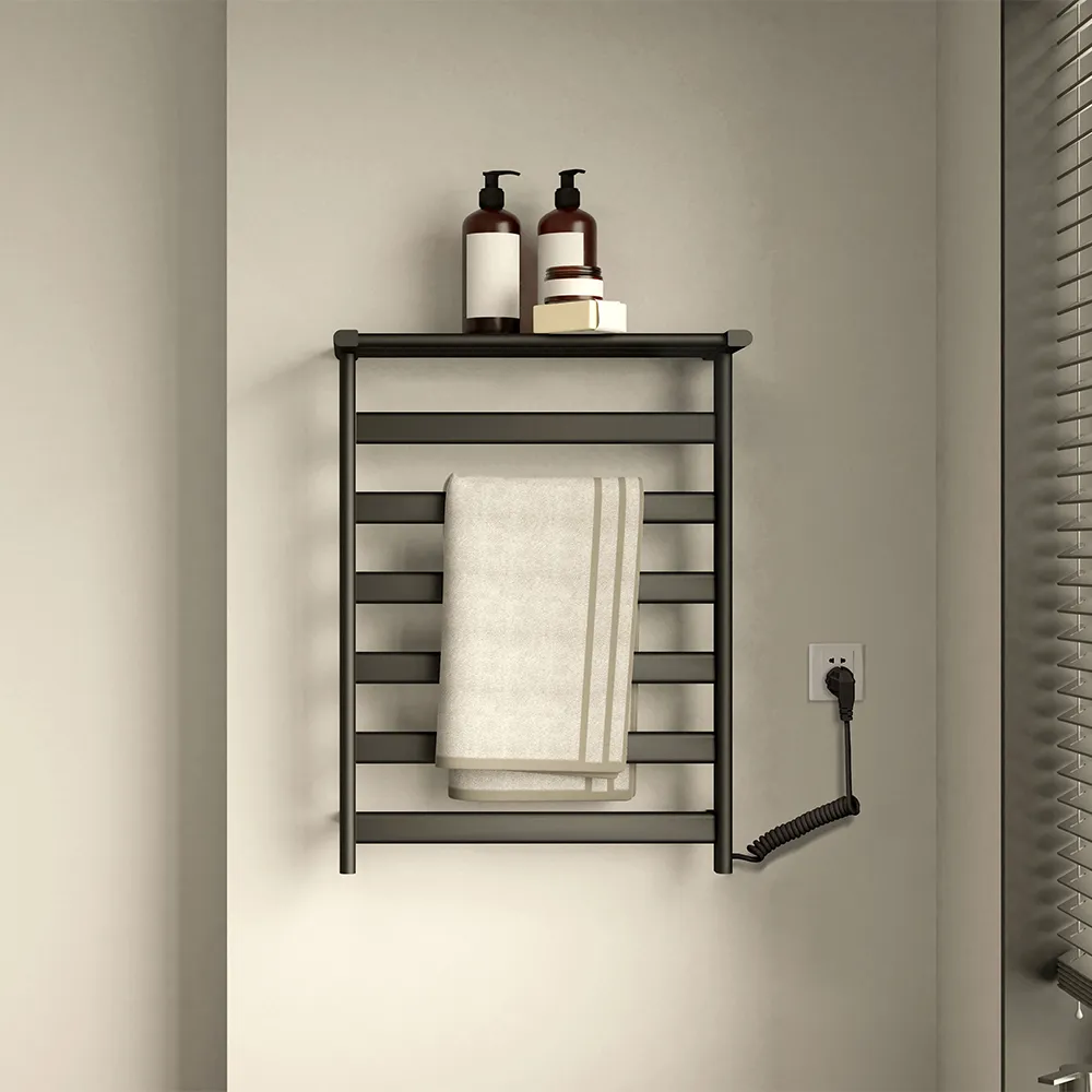 Wall Mounted Electric Towel Warmer with Top Shelf - Black, Steel
