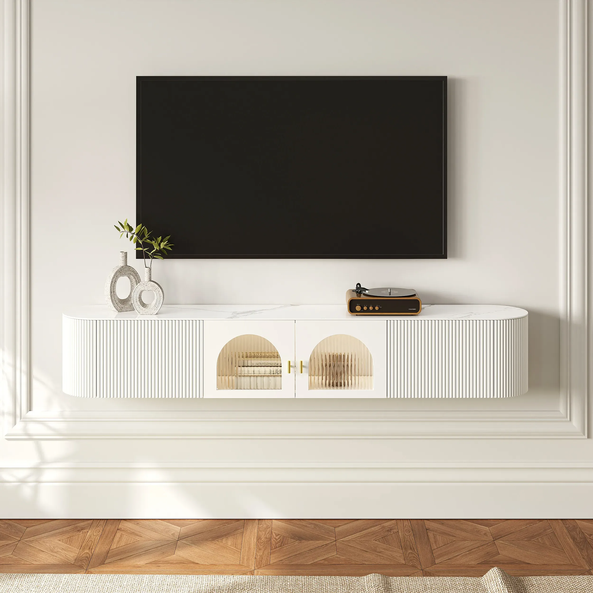 Wall Mounted Floating TV Stand with Storage - White, Sintered Stone
