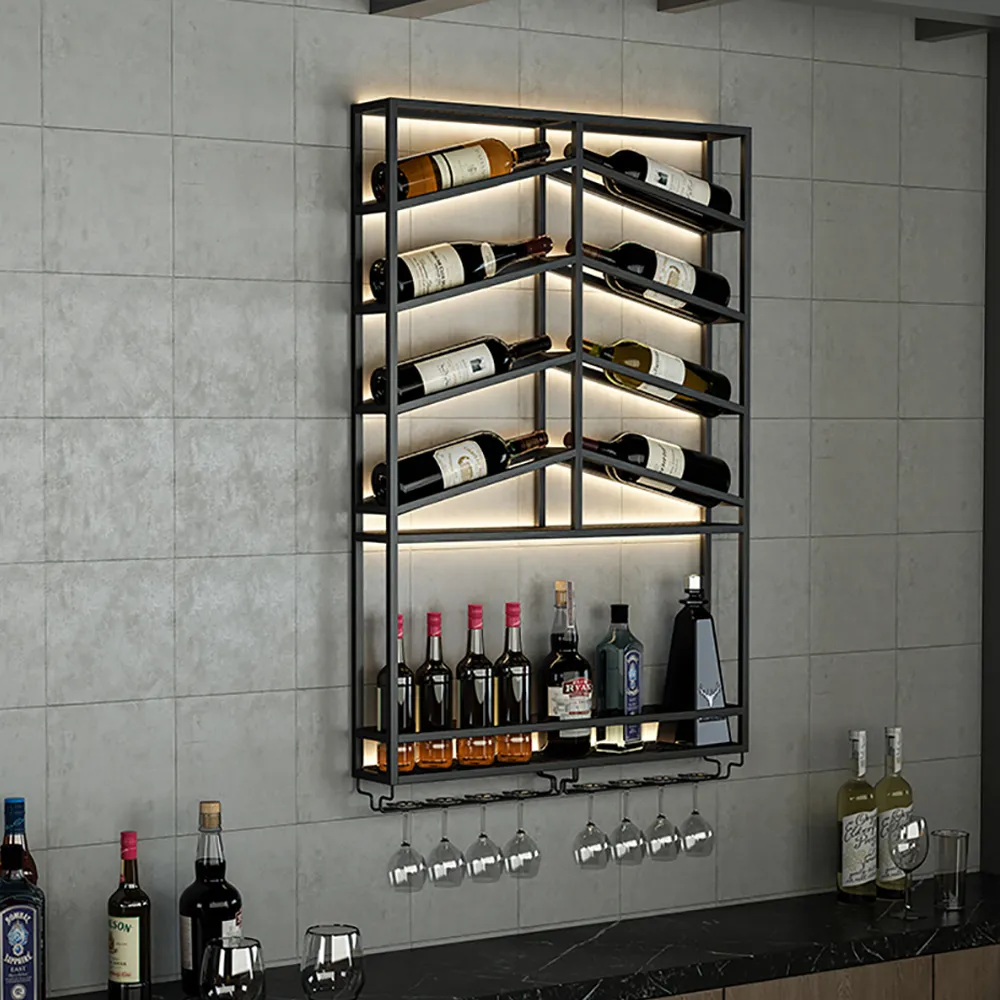 Wall Mounted Wine Rack with Glass Holder - Black, Metal