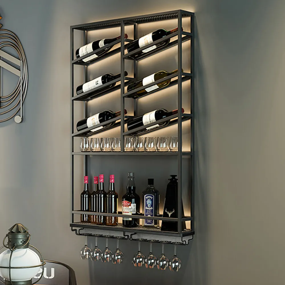 Wall Mounted Wine Rack with Glass Holder - Black, Metal
