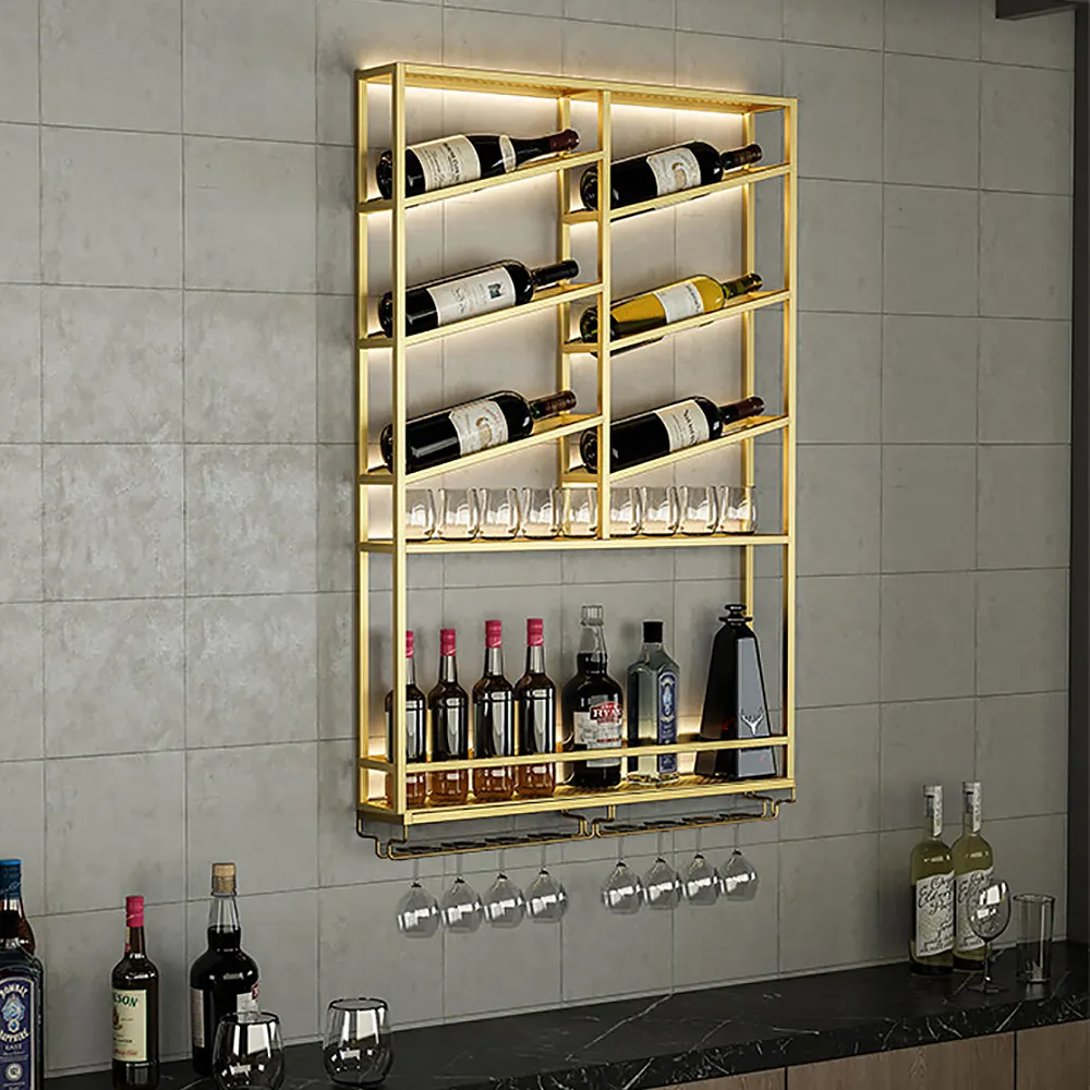 Wall Mounted Wine Rack with Glass Holder - Gold, Metal