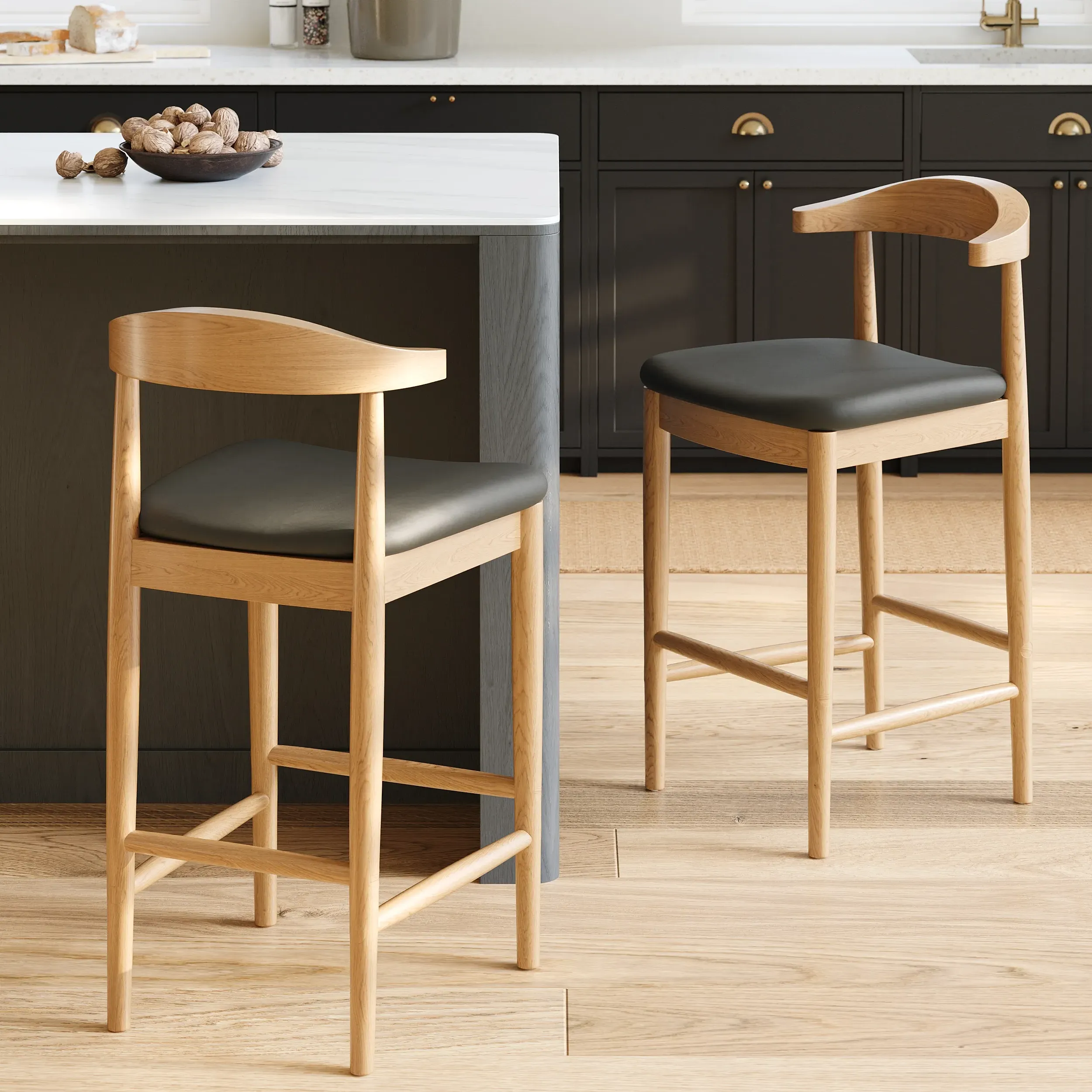 Walnut Counter Stool with Curved Back - Black, Walnut image