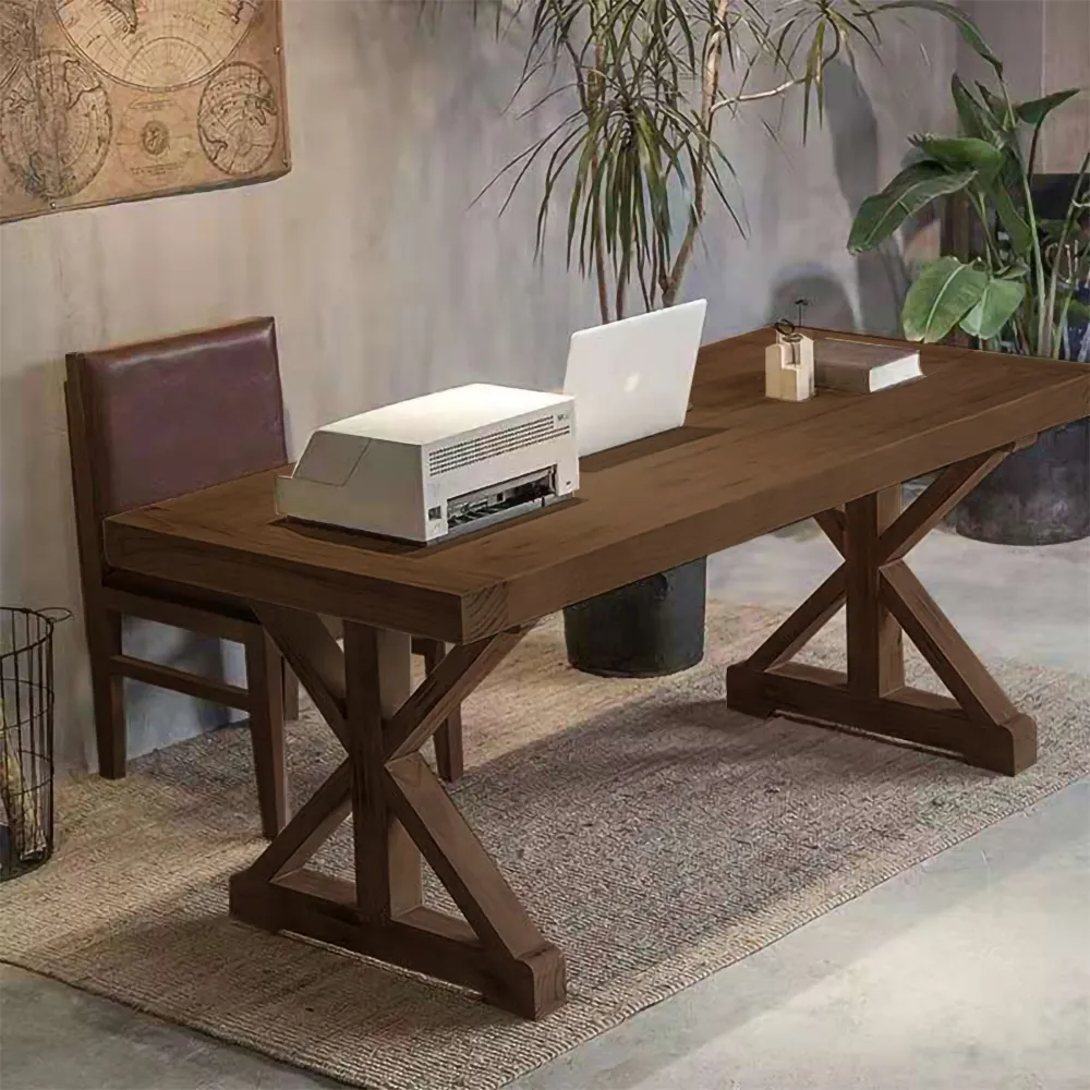Walnut Pine Wood Writing Desk with Trestle Legs - Natural
