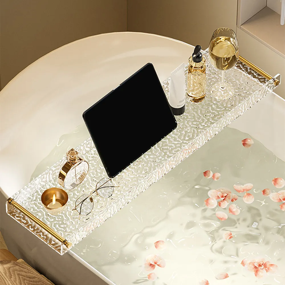 Water Ripple Bathtub Tray with Gold Handles - Clear image