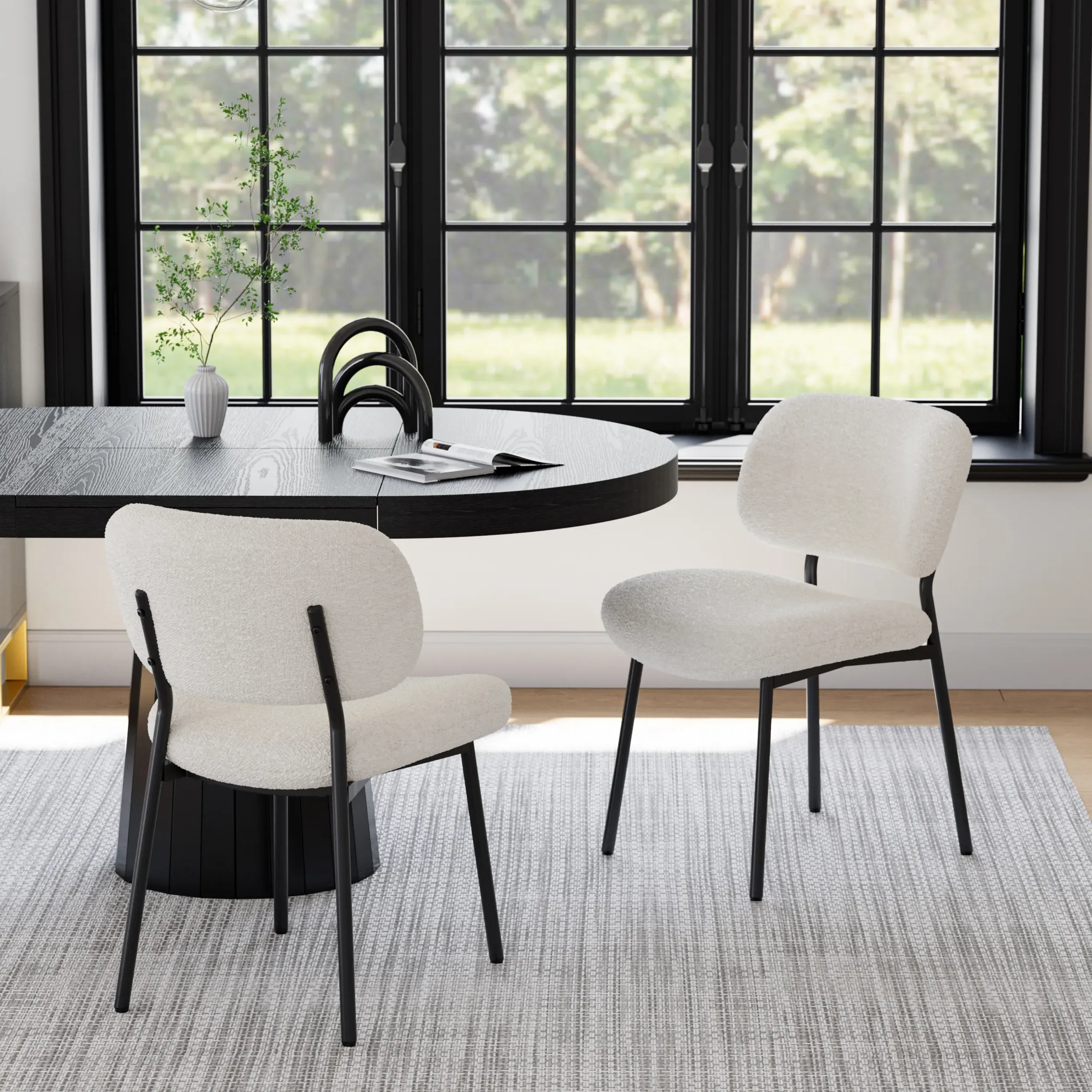 White Boucle Dining Chair Set of 6 with Metal Legs