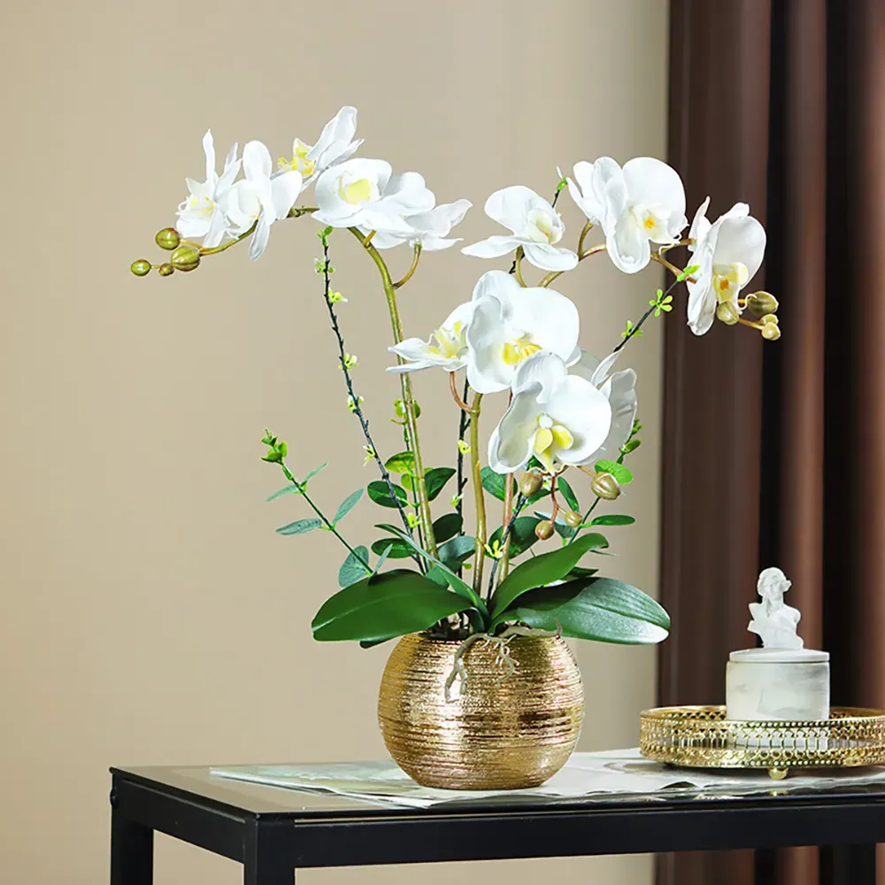 White Orchids in Vase Set - Gold Brushed Ceramic image