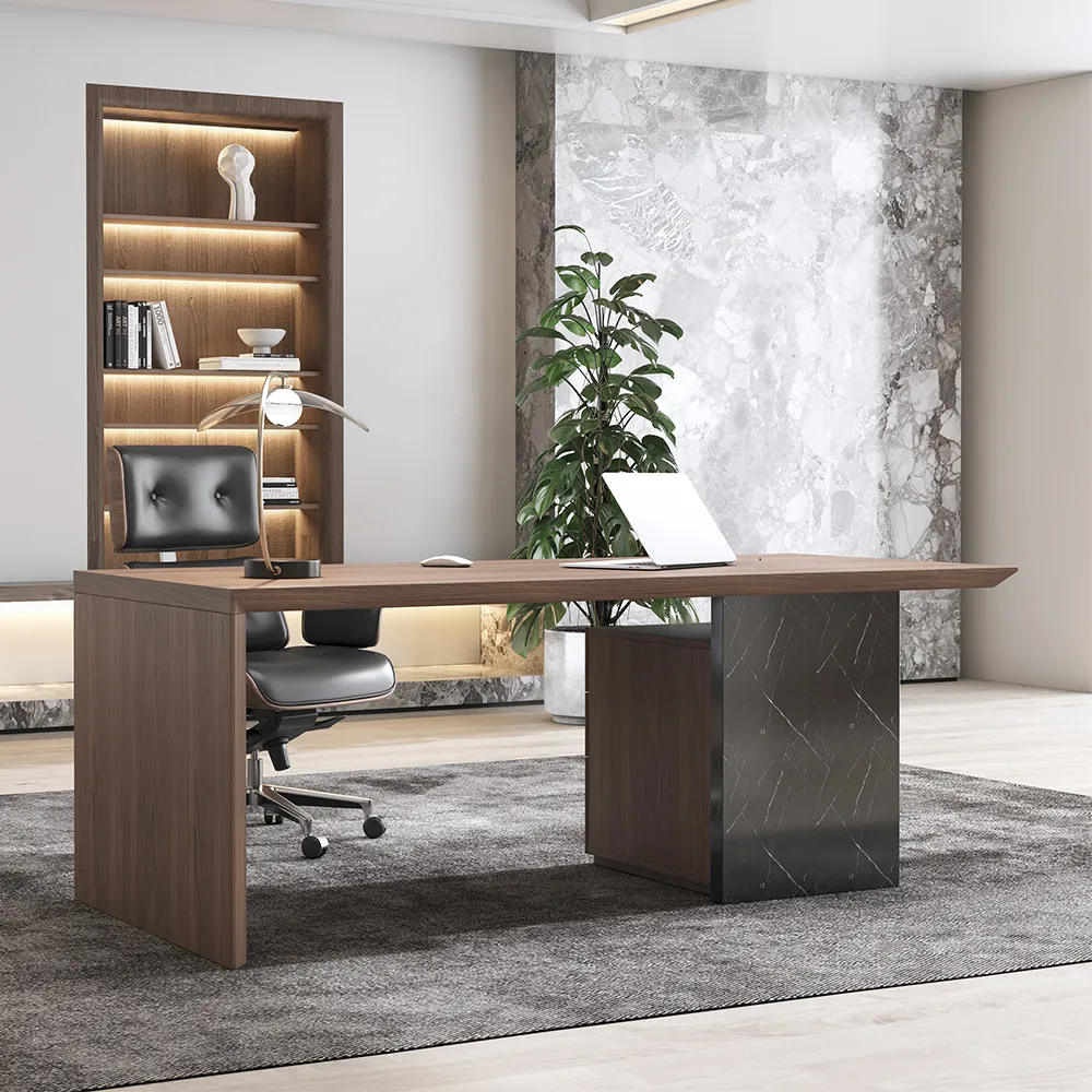 Wide Desk with Office Chair Set - Walnut, Faux Leather