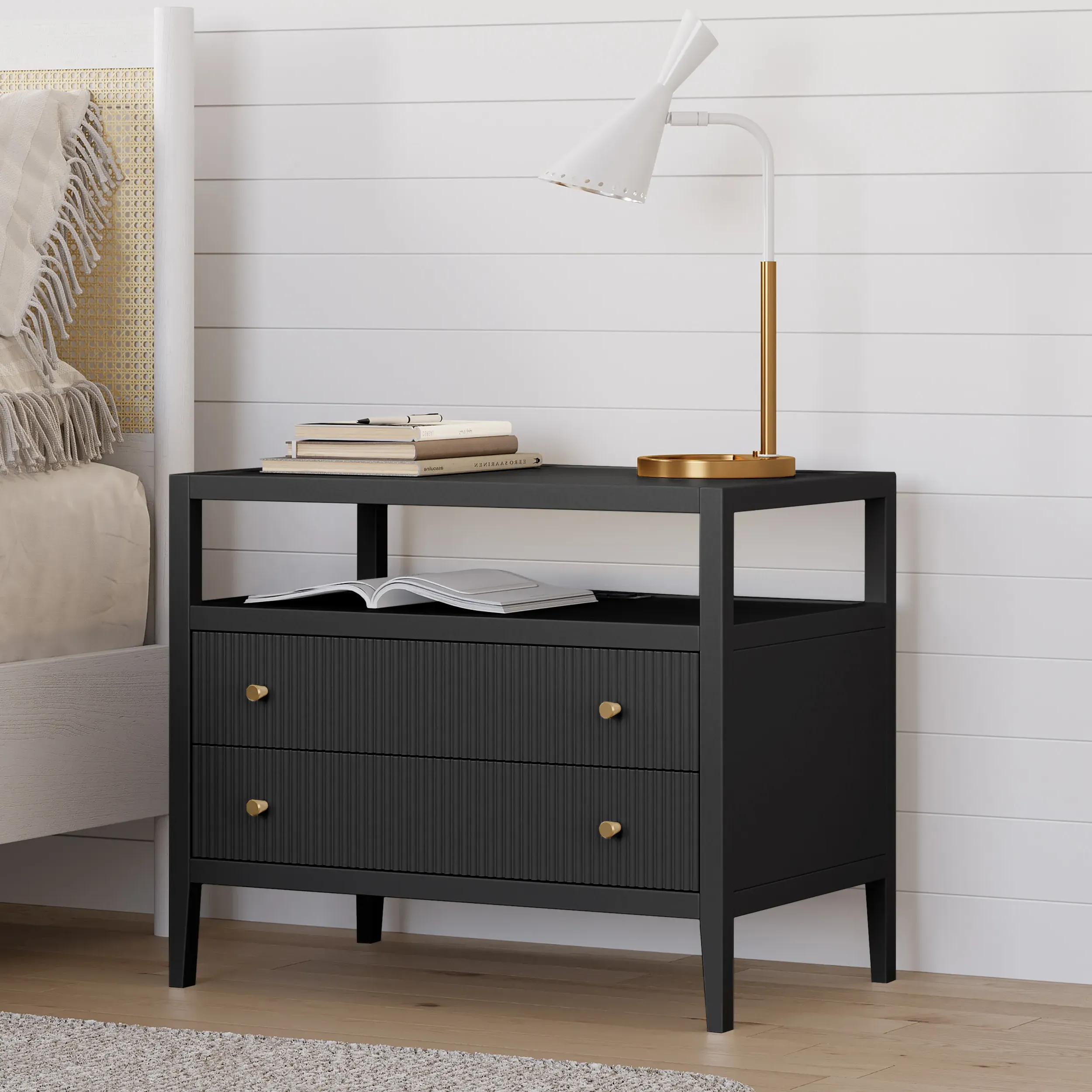 Wide Fluted Nightstand with Charging Station - Gold