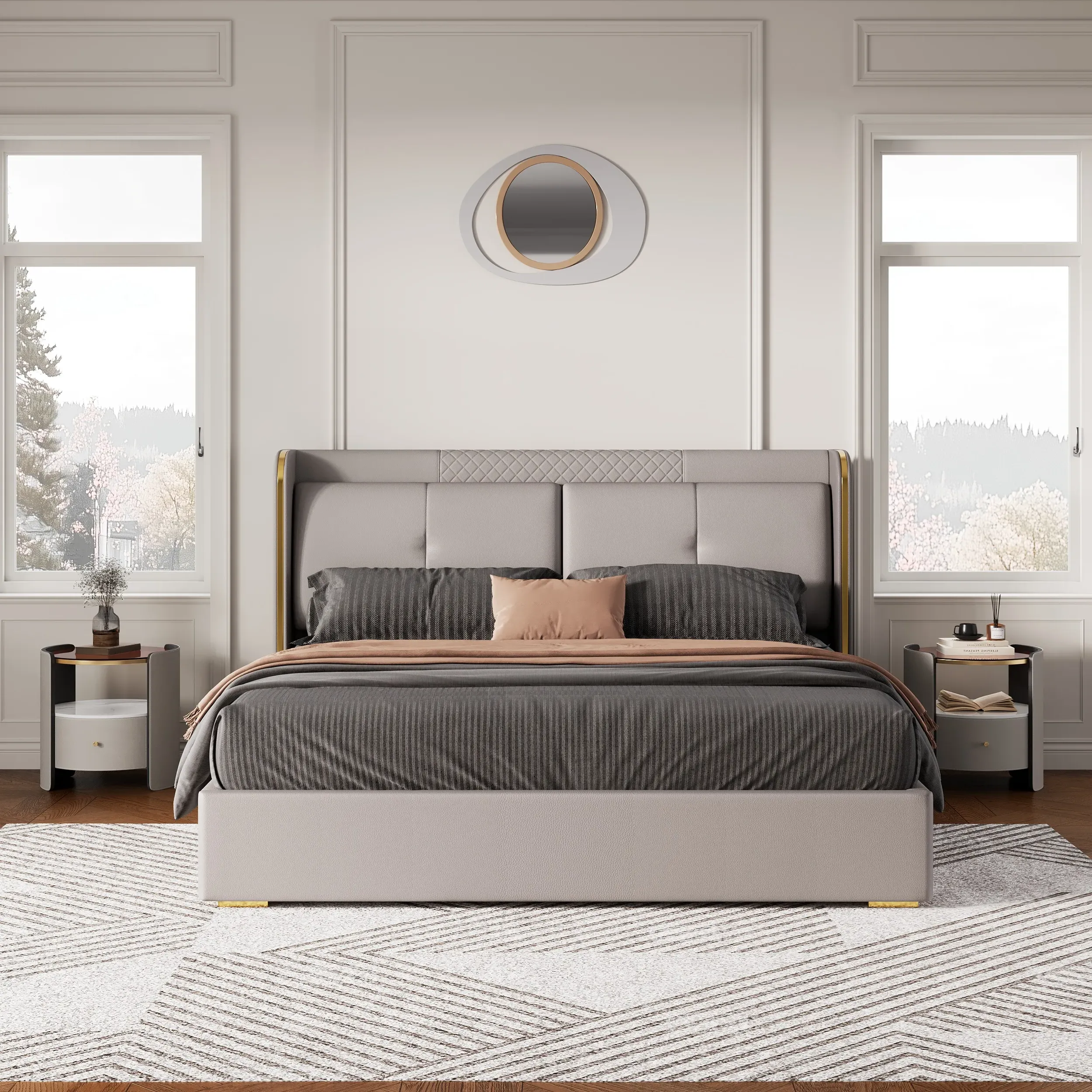 Wingback King Bed Frame with Nightstands - Light Gray, Faux Leather