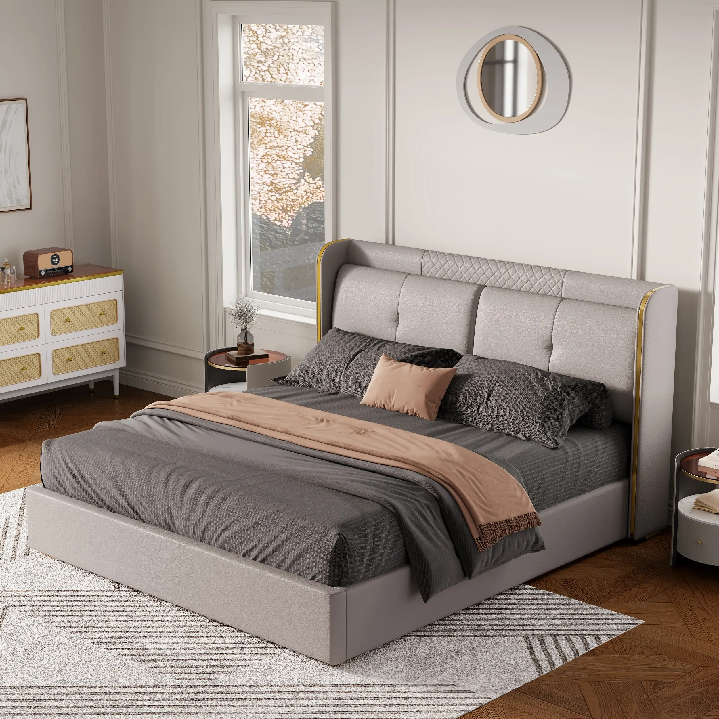 Wingback Queen Bed with Upholstered Headboard - Light Gray image