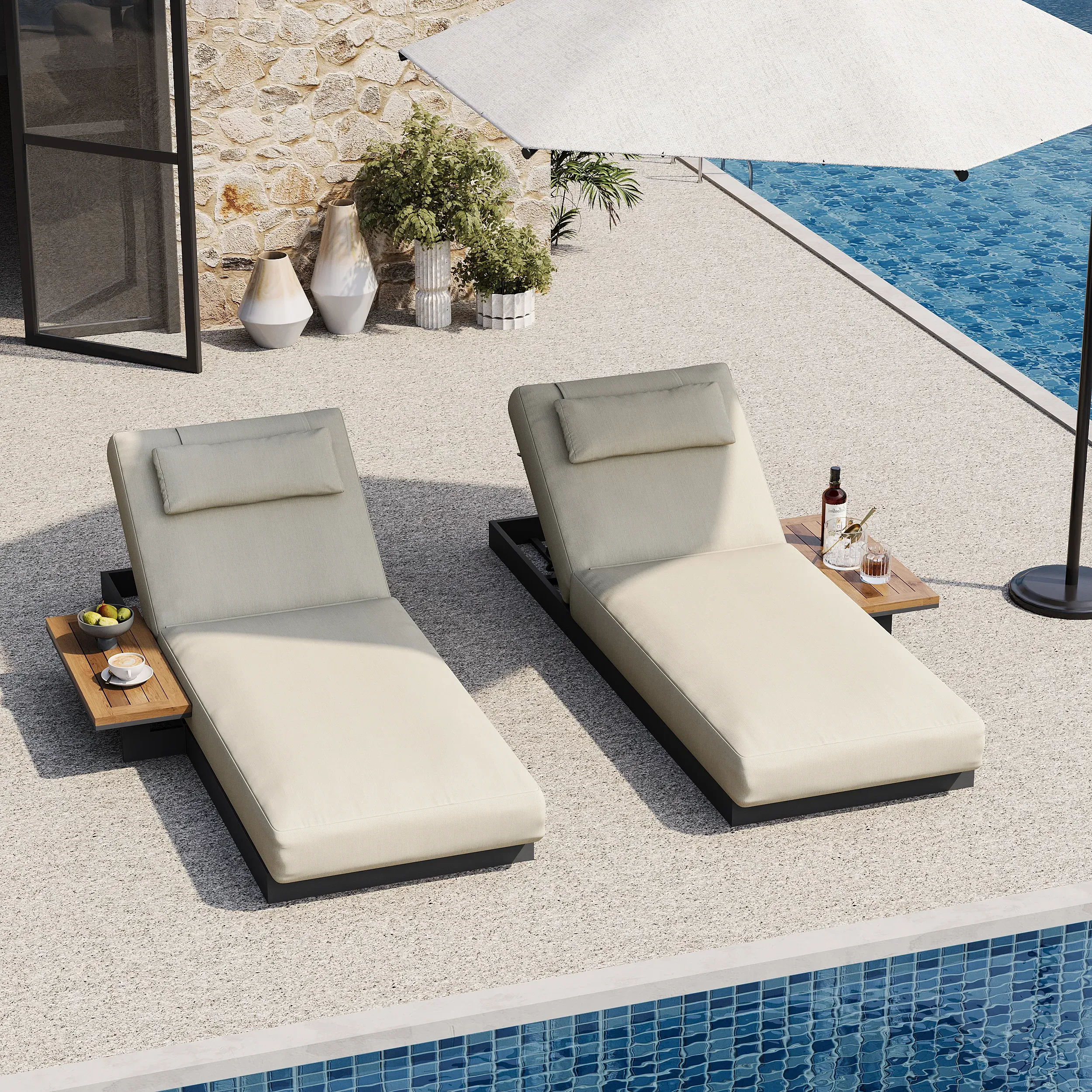 Wood & Aluminum Outdoor Lounger Daybed - Beige image