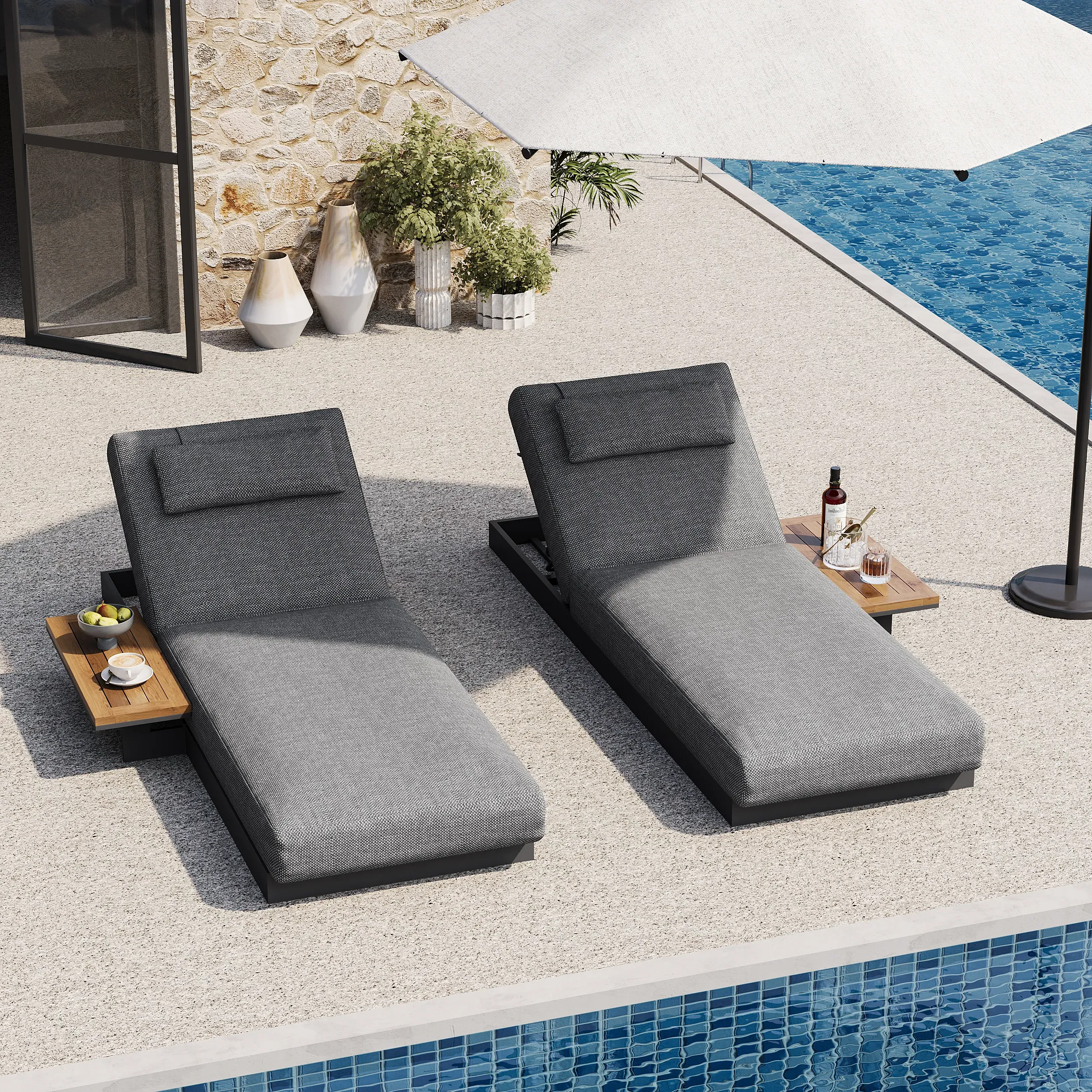 Wood & Aluminum Outdoor Lounger Daybed - Gray
