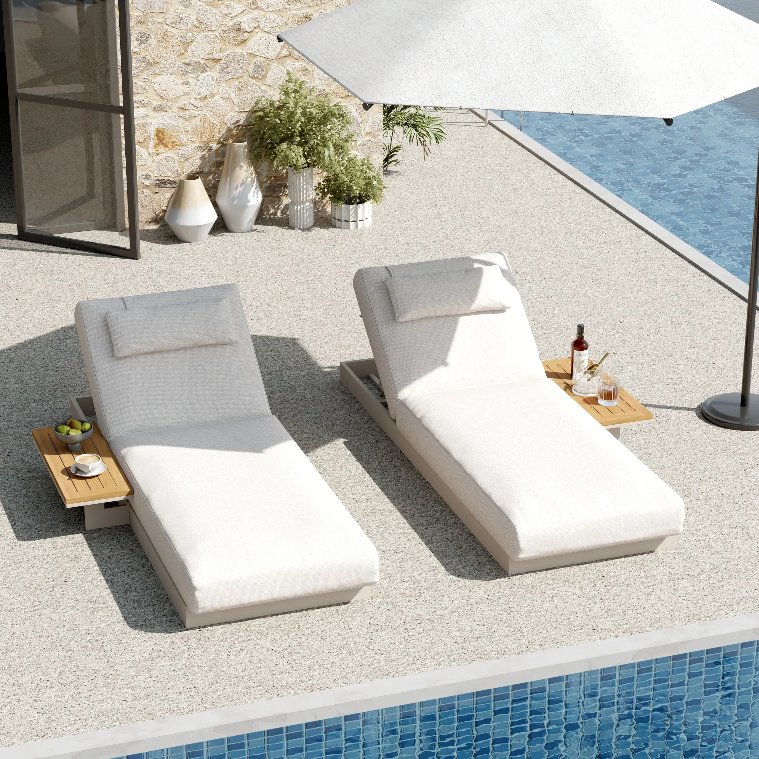 Wood & Aluminum Outdoor Lounger Daybed - Warm White